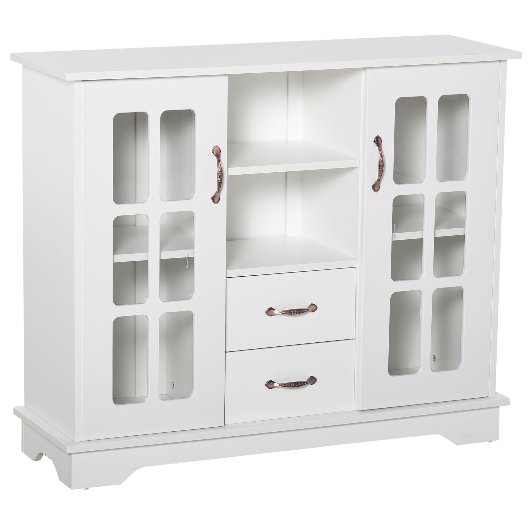 HOMCOM Elegant Buffet Bliss: Kitchen Sideboard with 2 Drawers, Glass Doors for Coffee Bar Storage, White Finish