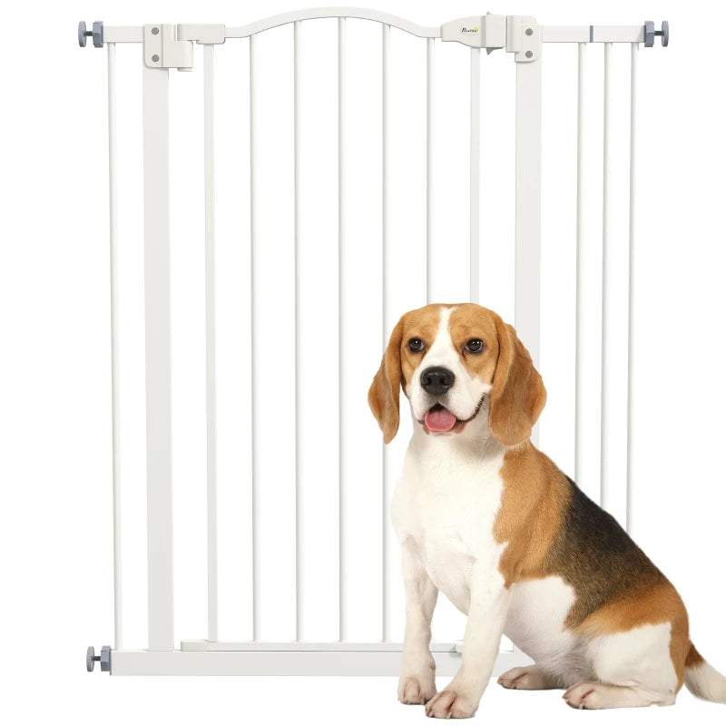 Extra Tall Dog Gate with Door, Pressure Fit, Auto Close, Double Locking for Doorways Hallways Stairs, 29"-34", White