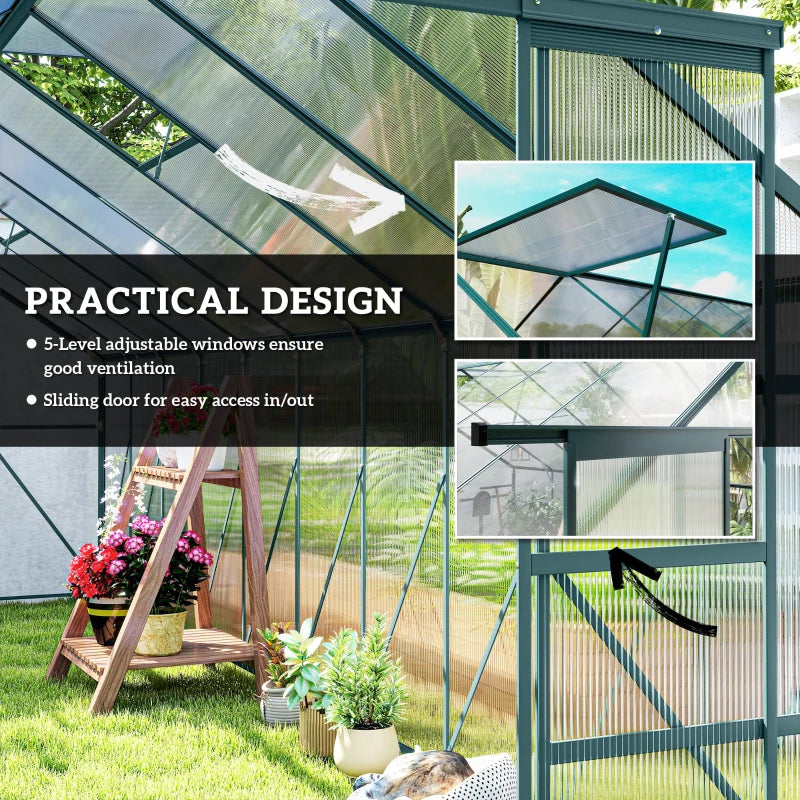 Aluminum Greenhouse Polycarbonate Walk-in Garden Greenhouse with Sliding Door, 20' x 8', Green