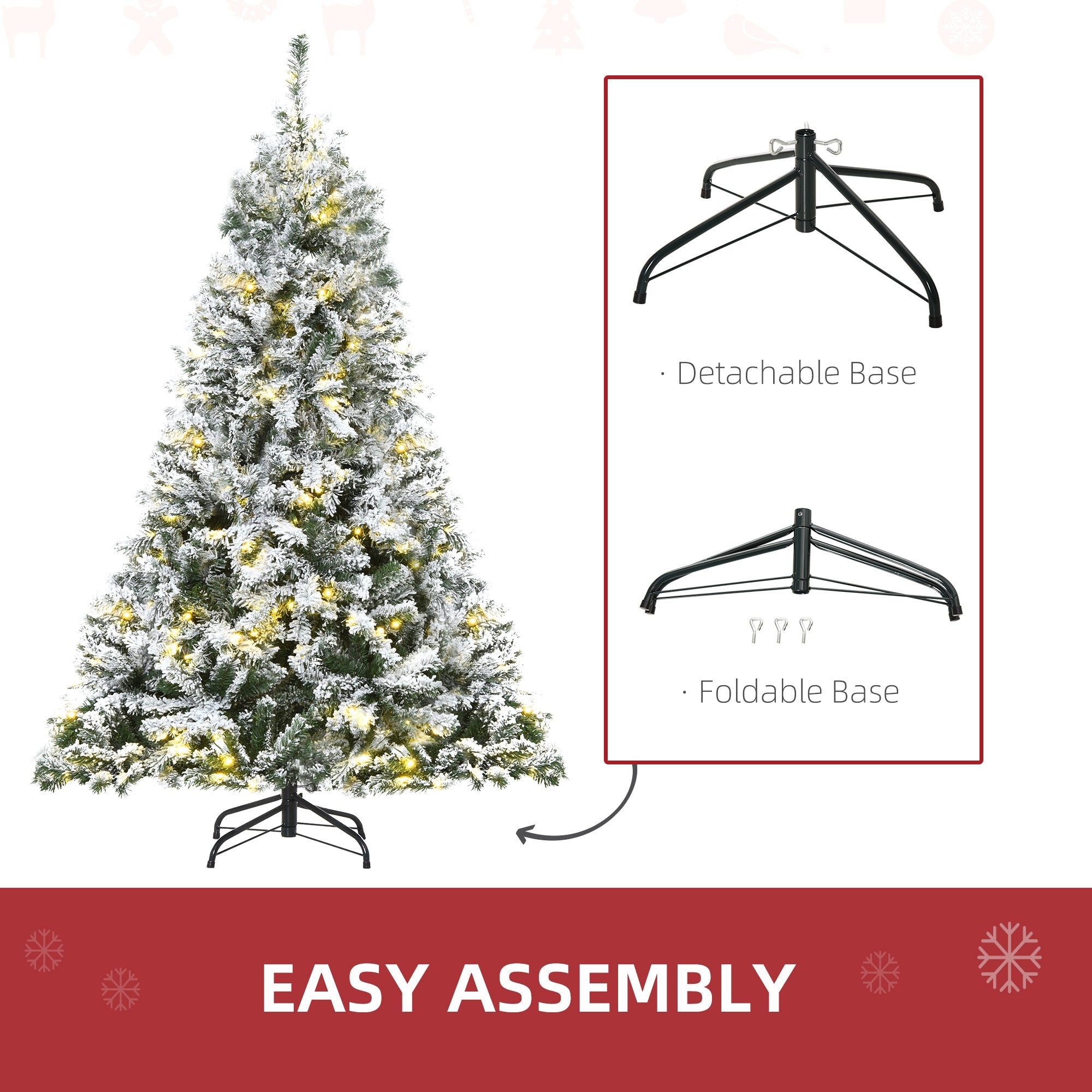 HOMCOM 6ft Tall Snow Flocked Artificial Tree with 928 Branches 250 LED Warm White Light for Holiday Home Christmas Decoration, Green