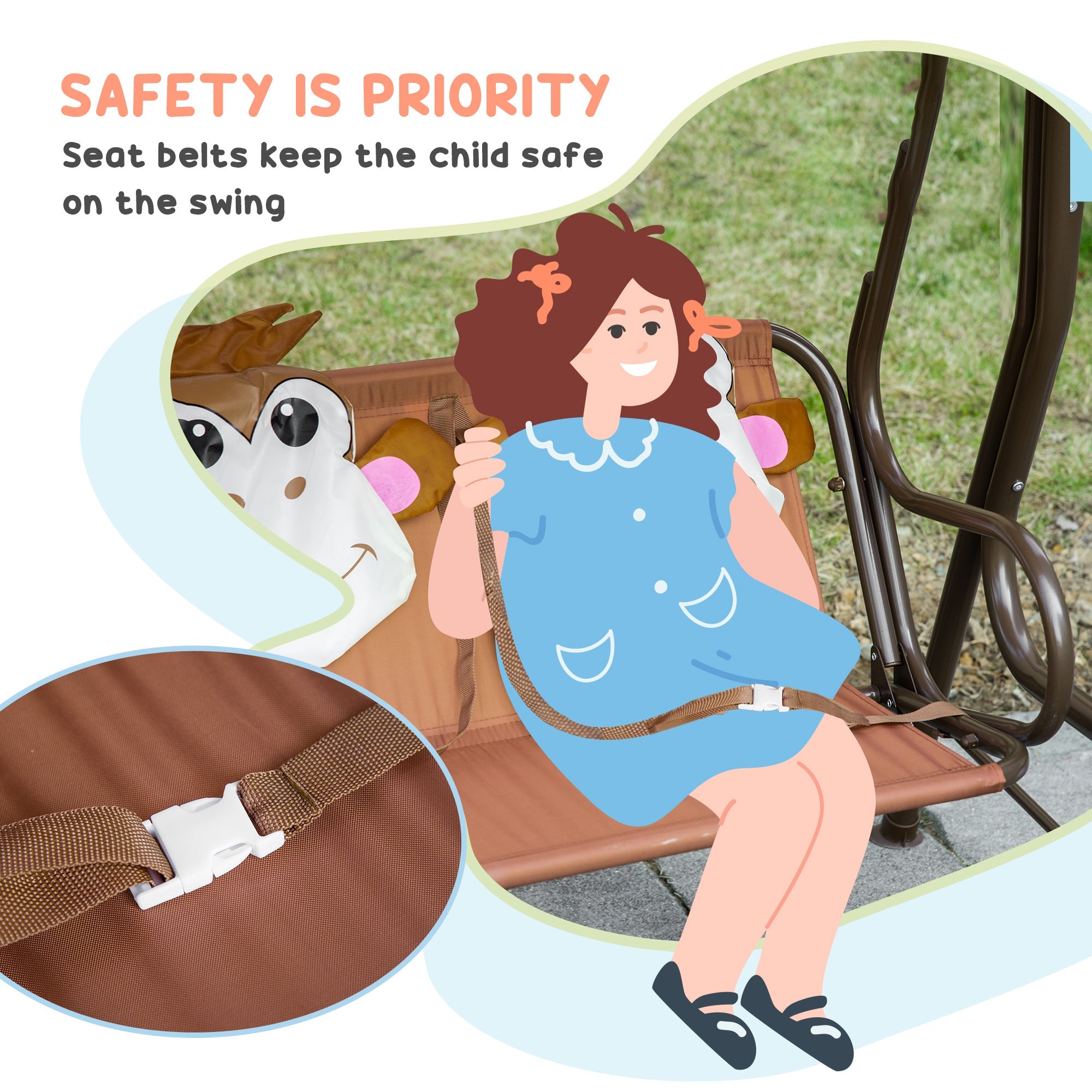 Outsunny 2-Seat Kid Swing with Adjustable Canopy Coffee Outdoor Patio Lounge Chair for Garden Porch