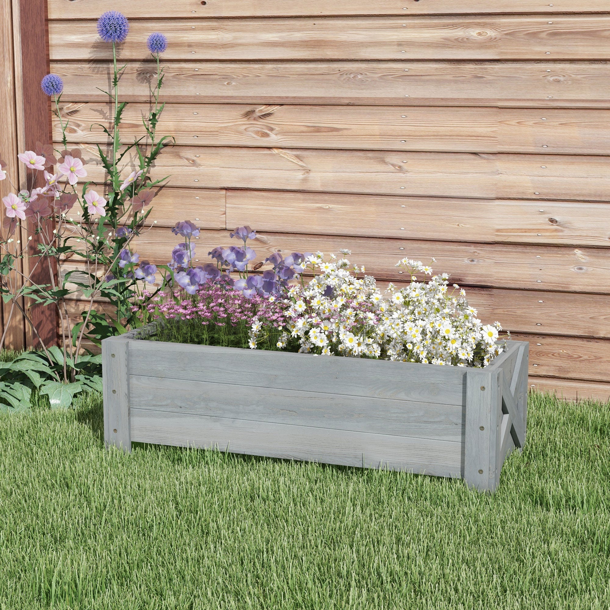 Outsunny Raised Garden Bed 3.3' x 1.2' x 1.2' Fir Wood Leaking Holes Elevated Planter Outdoor Plant Grey