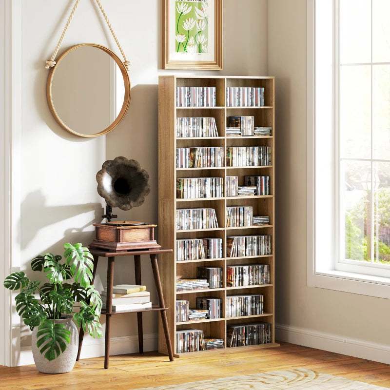 9-Tier DVD Shelf with 18 Compartments and 14 Adjustable Shelves, Holds 640 CDs, 360 DVDs or 430 Blu-rays, Natural Wood