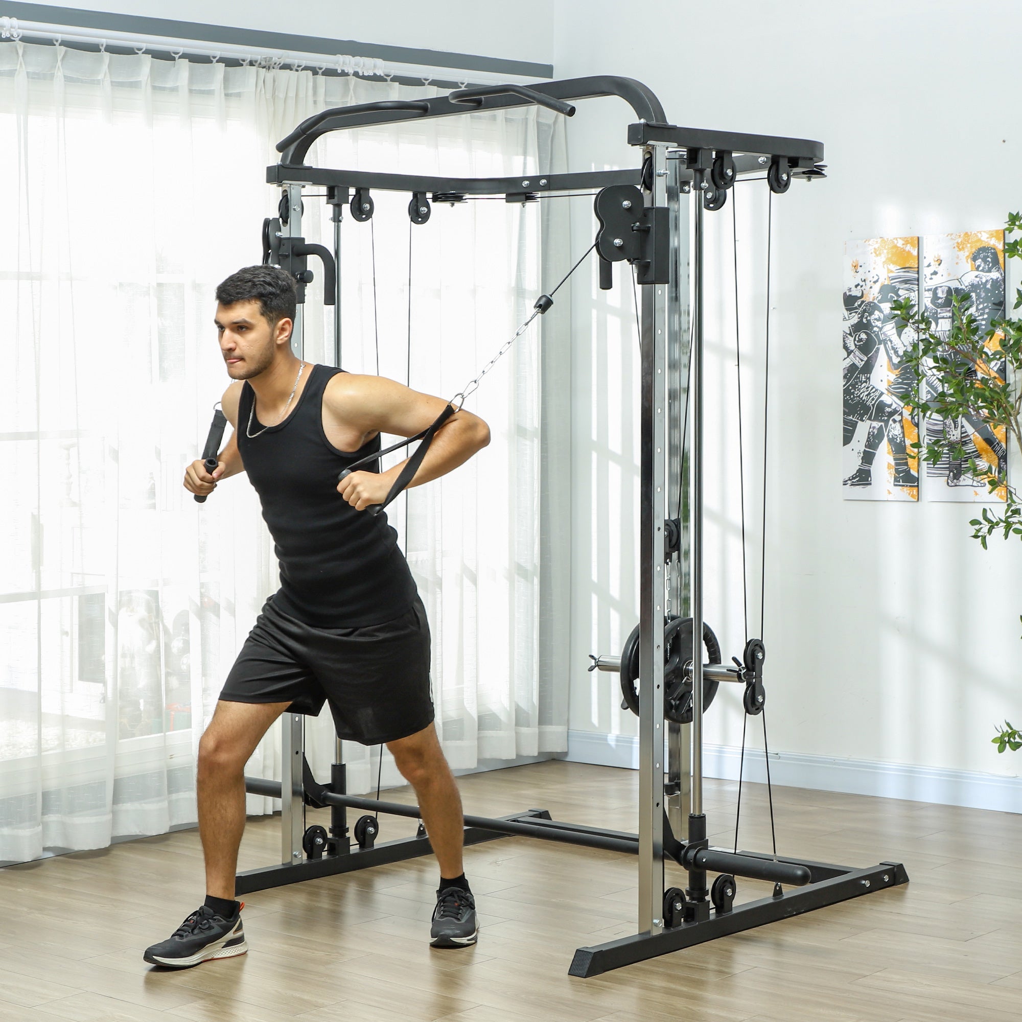 Soozier 3 In 1 Smith Machine Power Rack with Cable Crossover System, Pull up Station, 16-Level Squat Rack and Barbell Bar