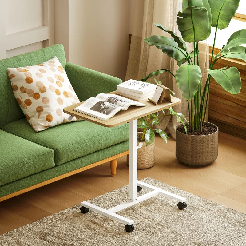 Height Adjustable Standing Desk, Pneumatic Sit Stand Desk with Wheels and Headphone Hook, Natural Wood Grain
