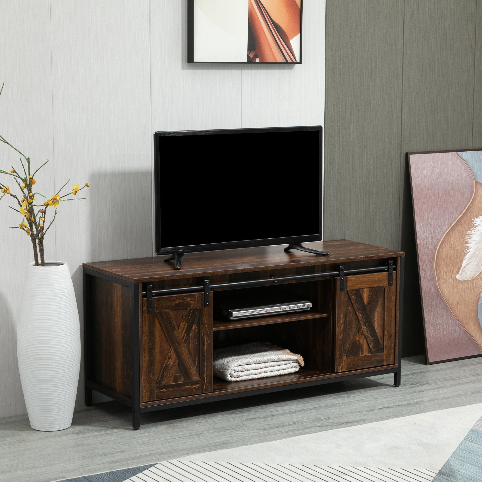 HOMCOM Industrial TV Stand: 60" TV Console, Sliding Barn Doors, Storage, Freestanding Entertainment Unit, Brown