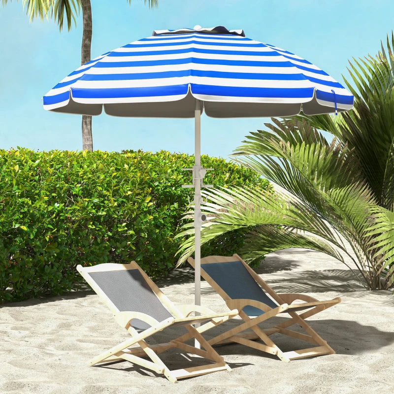 5.7' Beach Umbrella for Travel with Tilt, Adjustable Height, 2 Cup Holders, Hook, Vent, Ruffles, Blue and White