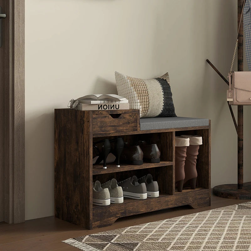 Upholstered Shoe Storage Bench, Hallway Shoe Storage with Seat, Drawer, 3 Open Shelves for Entryway, Rustic Brown
