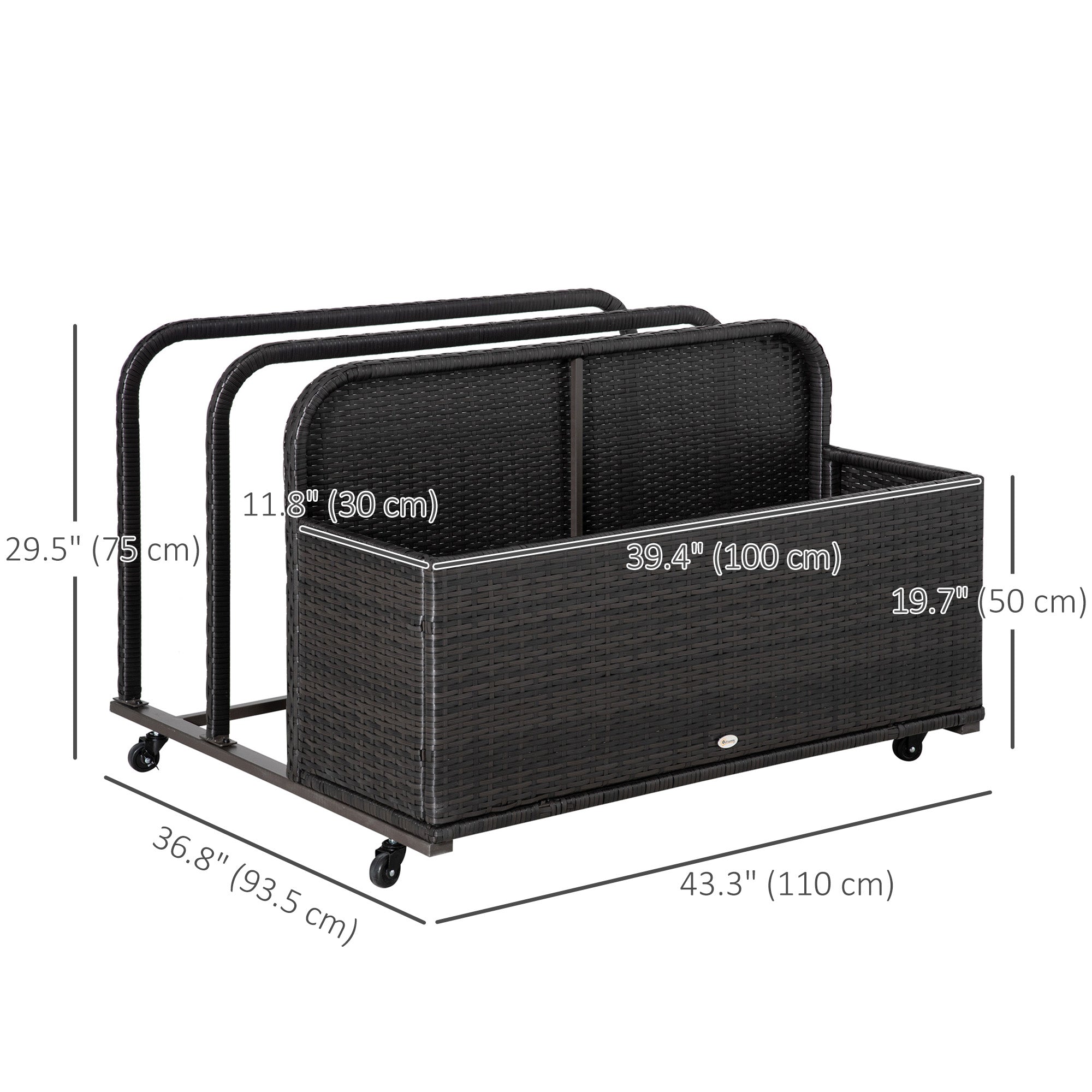 Outsunny Rolling Pool Storage Rattan Patio Furniture Outdoor Storage Wicker Organizer for Floats, Paddles, Balls, Towels, Brown