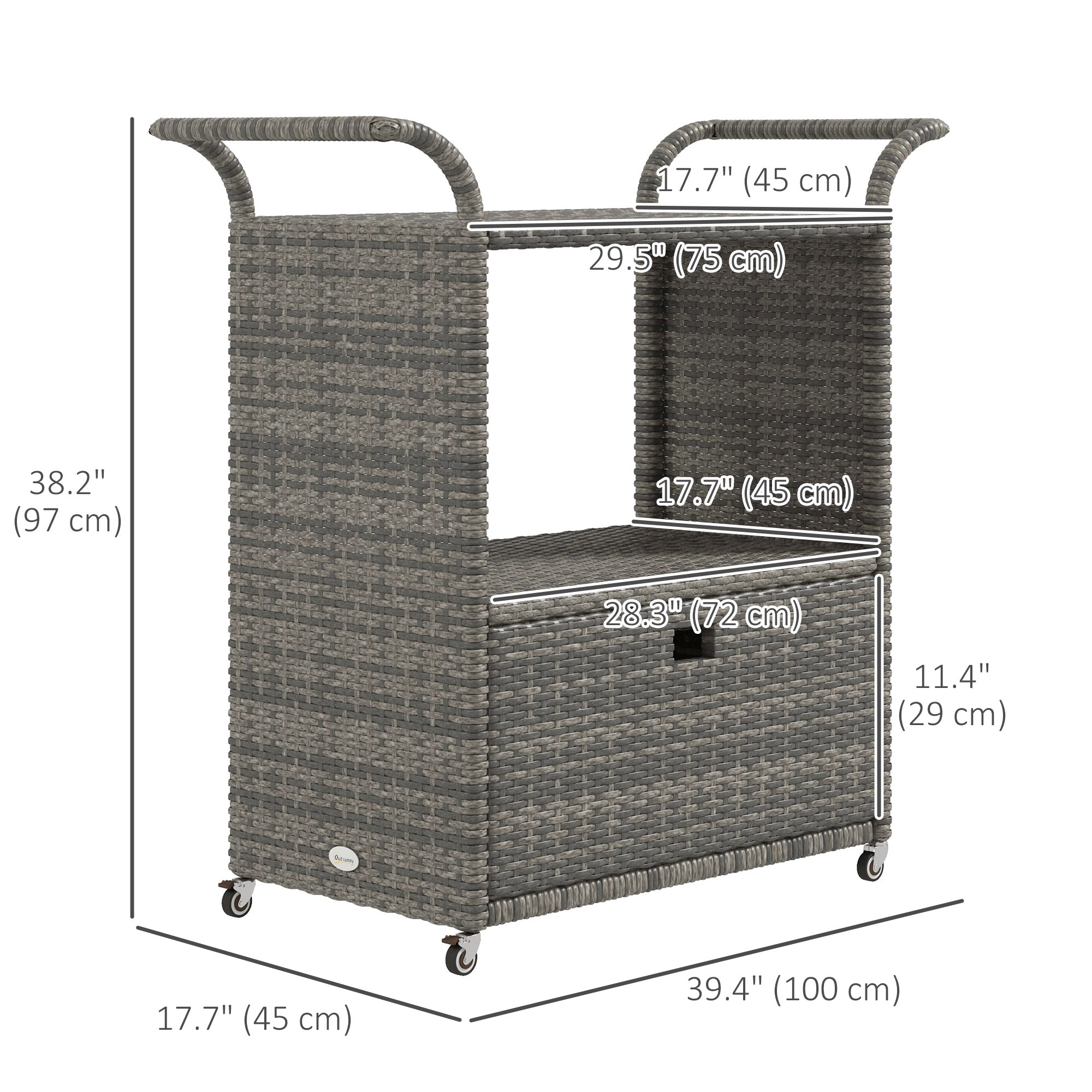Outsunny Patio PE Wicker Garden Serving Cart 2-Tier Shelf Wheeled Rattan Food Cart with Handles for Poolside Grey