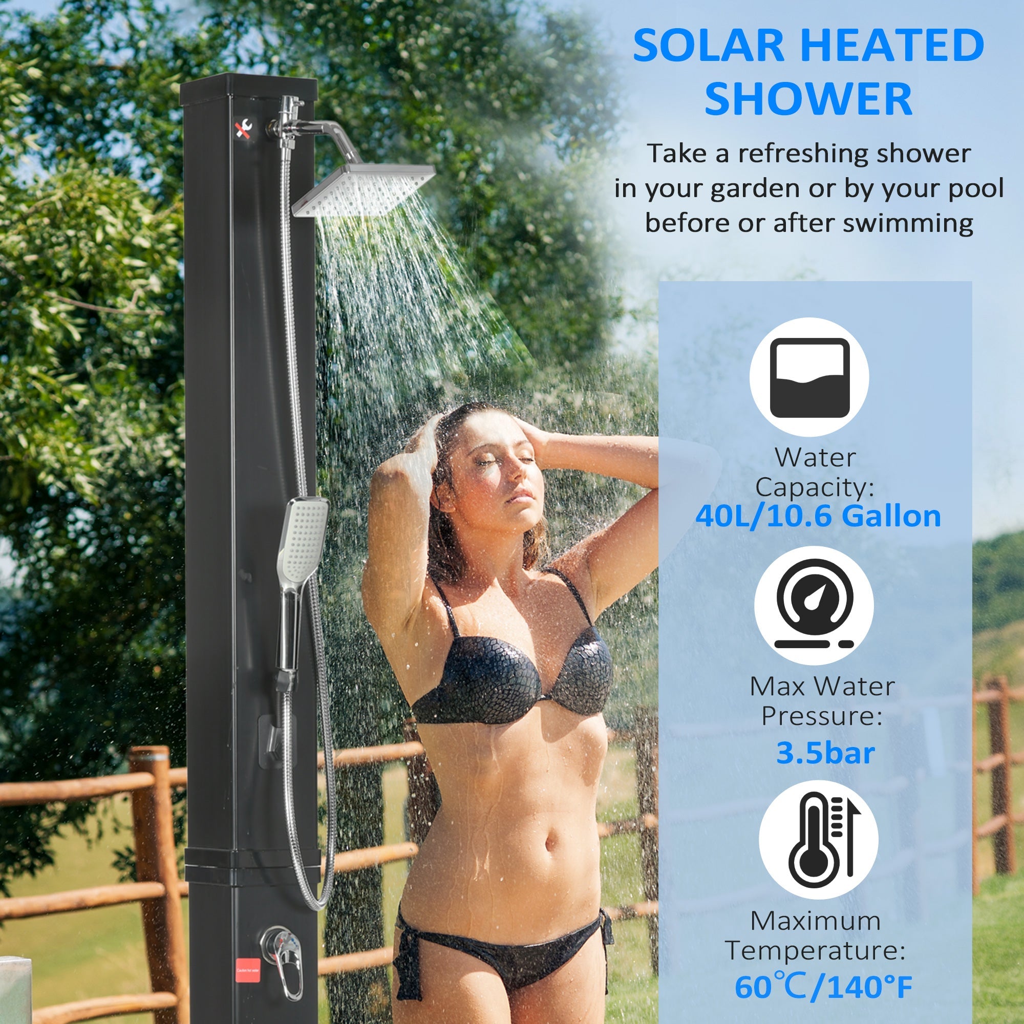 Outsunny Outdoor Solar Shower 10.6Gal with 360 Rainfall Head Handheld 60℃ Adjustable Temperature for Poolside Beach Spa