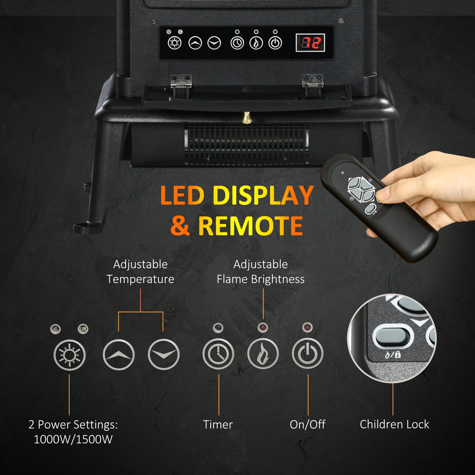 HOMCOM 22" Infrared Electric Fireplace Stove, Freestanding Fireplace Heater with 3D Flame Effect, 1000W/1500W, Black