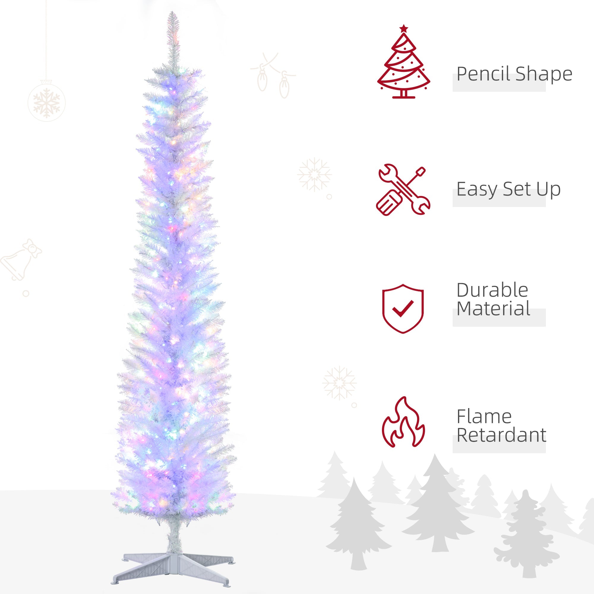 HOMCOM 7' Prelit Christmas Trees, Pencil Artificial Christmas Tree with Colourful Surface Tips, Colourful LED Lights, White