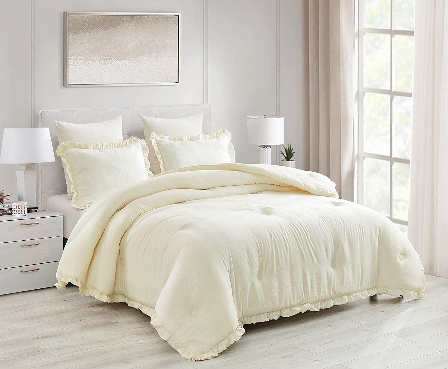 Full Size Ivory Microfiber 3-Piece Comforter Set with Ruffled Edge Trim - Free Shipping