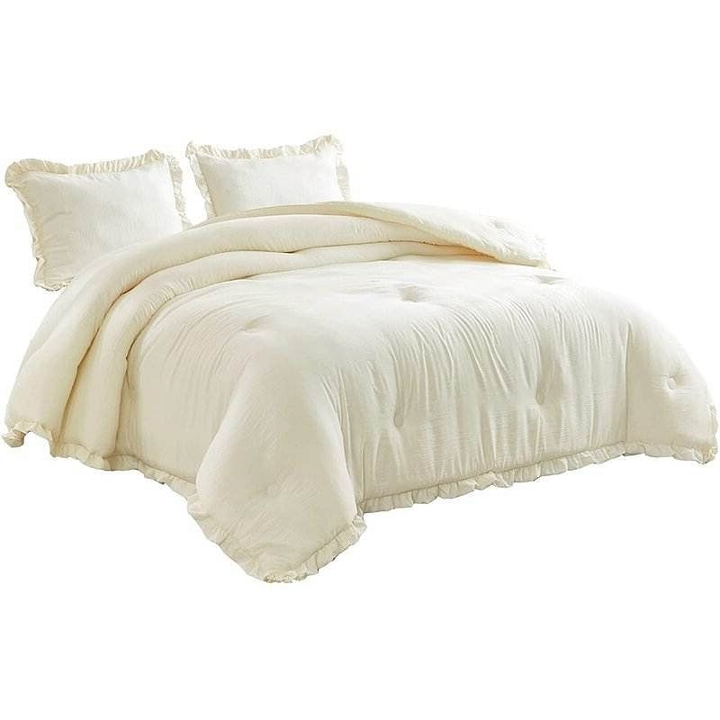 Full Size Ivory Microfiber 3-Piece Comforter Set with Ruffled Edge Trim - Free Shipping