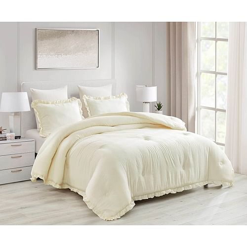 Oversized King Ivory Microfiber 3-Piece Comforter Set with Ruffled Edge Trim - Free Shipping
