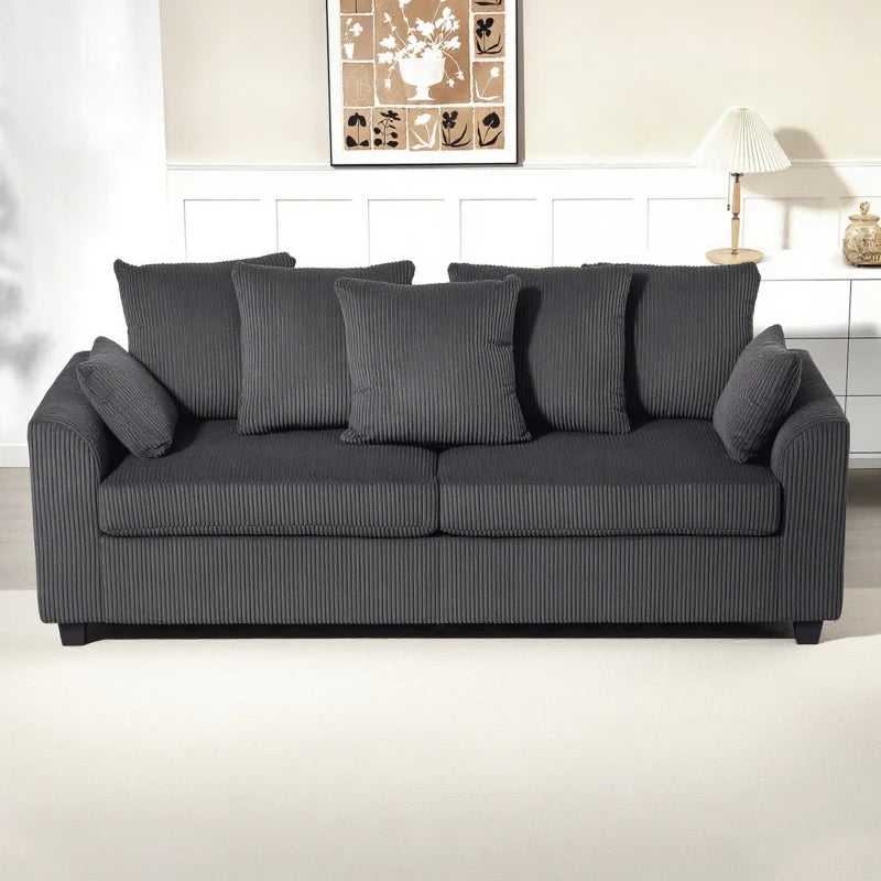 Corduroy Couch with 6 Back Cushions, 2 Pillows and Curved Armrests, Modern 3 Seater Sofa, Dark Grey