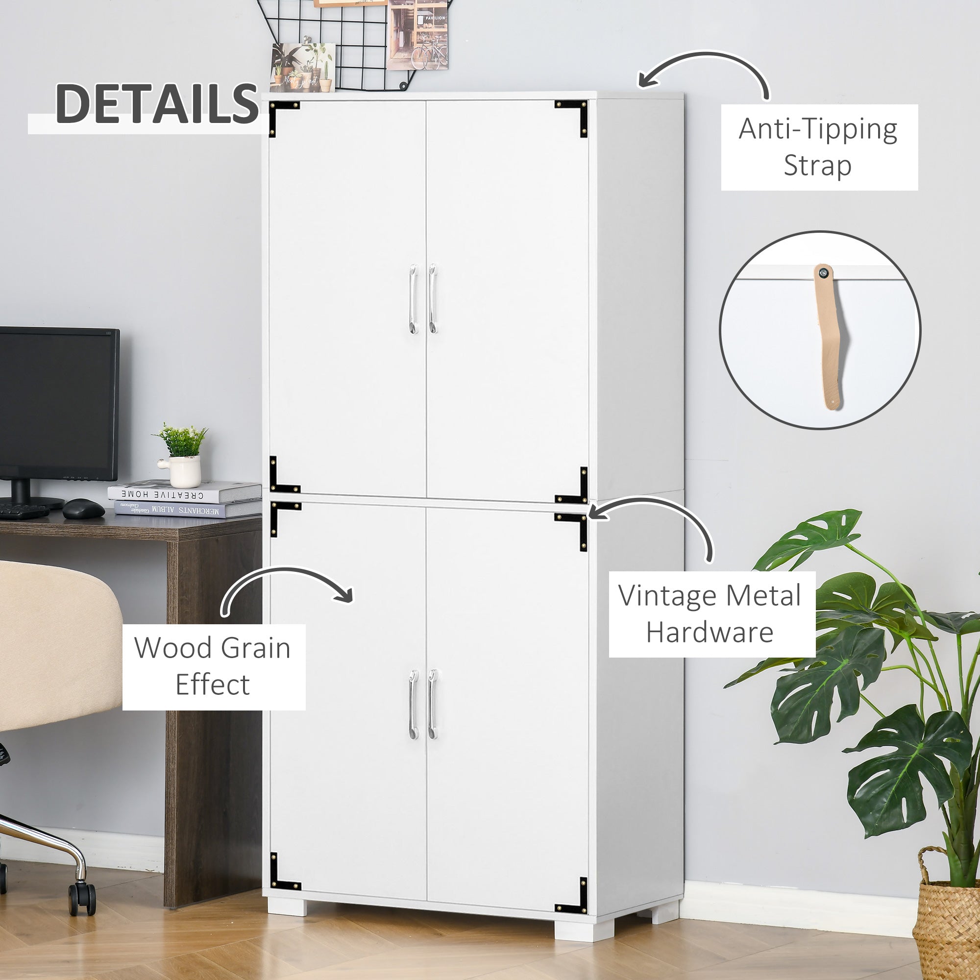 HOMCOM Industrial Pantry Storage Cabinet Kitchen 4 Doors Cupboard Shelves Bedroom Living Room White