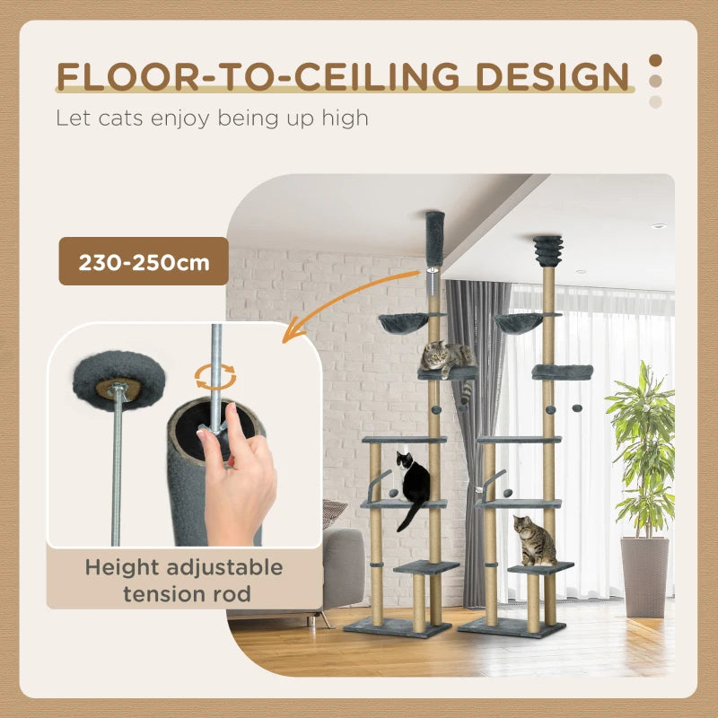 Floor to Ceiling Cat Tree, 90.5" - 98.5" Cat Tower with Scratching Post, Dangling Balls, Platforms, Bed, Hammock, Grey