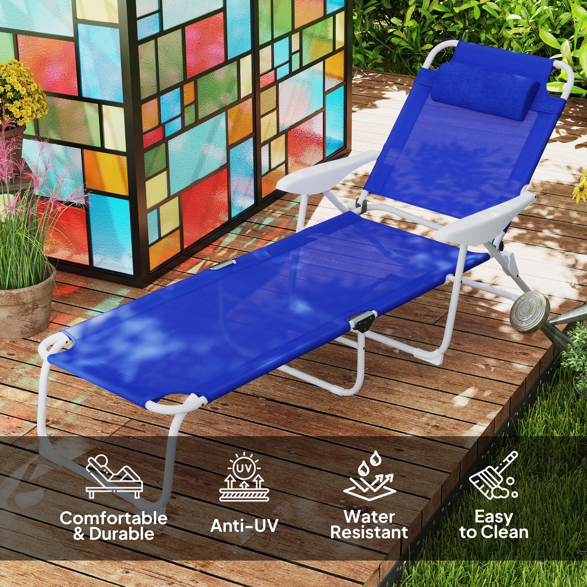 Outsunny Outdoor Sun Lounger, Folding Chaise Lounge with 4-level Adjustable Backrest, Blue