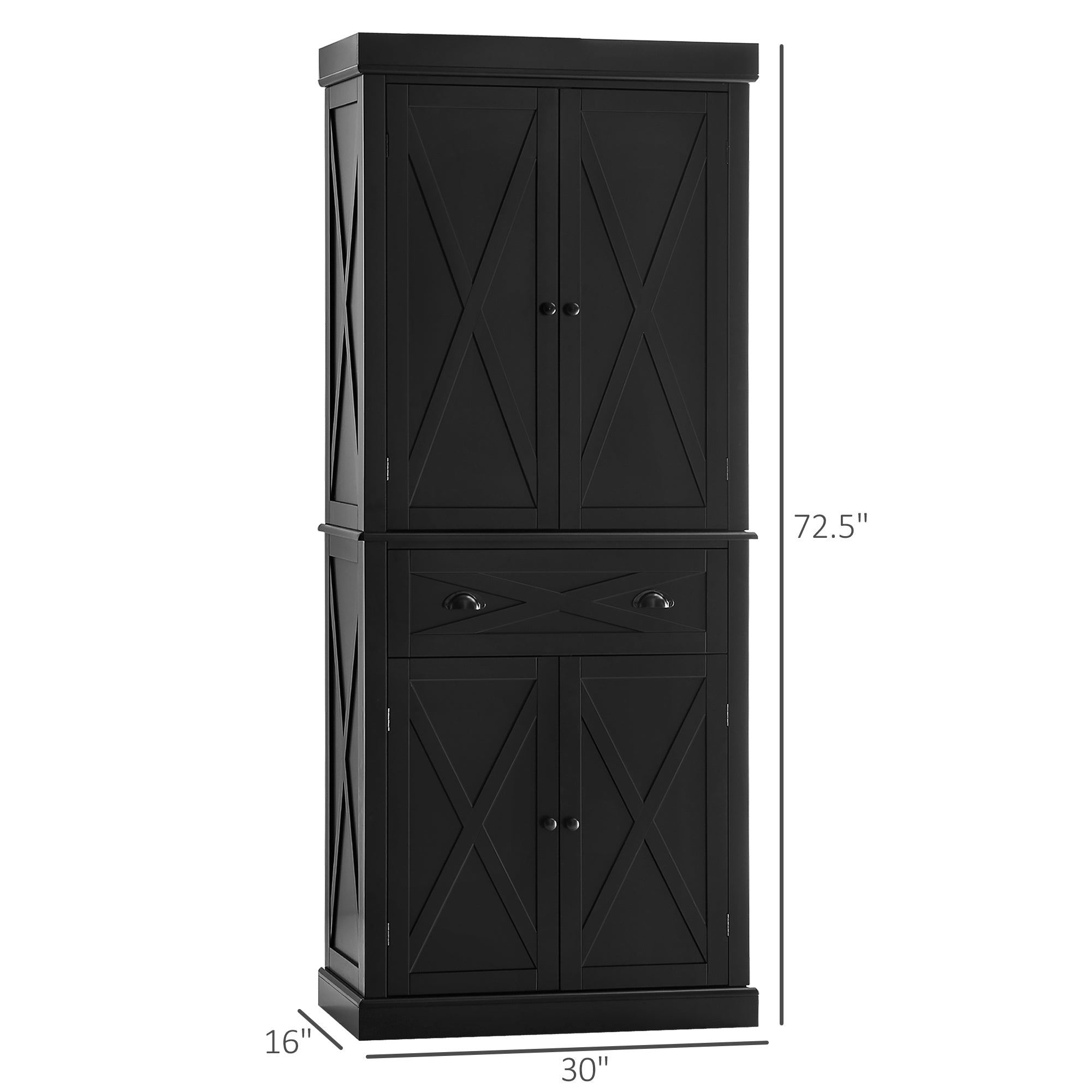 HOMCOM Black Farmhouse Pantry Cabinet: Freestanding 4-Door Kitchen Storage Cabinet Organizer with 6-Tiers, Drawer and 4 Shelves