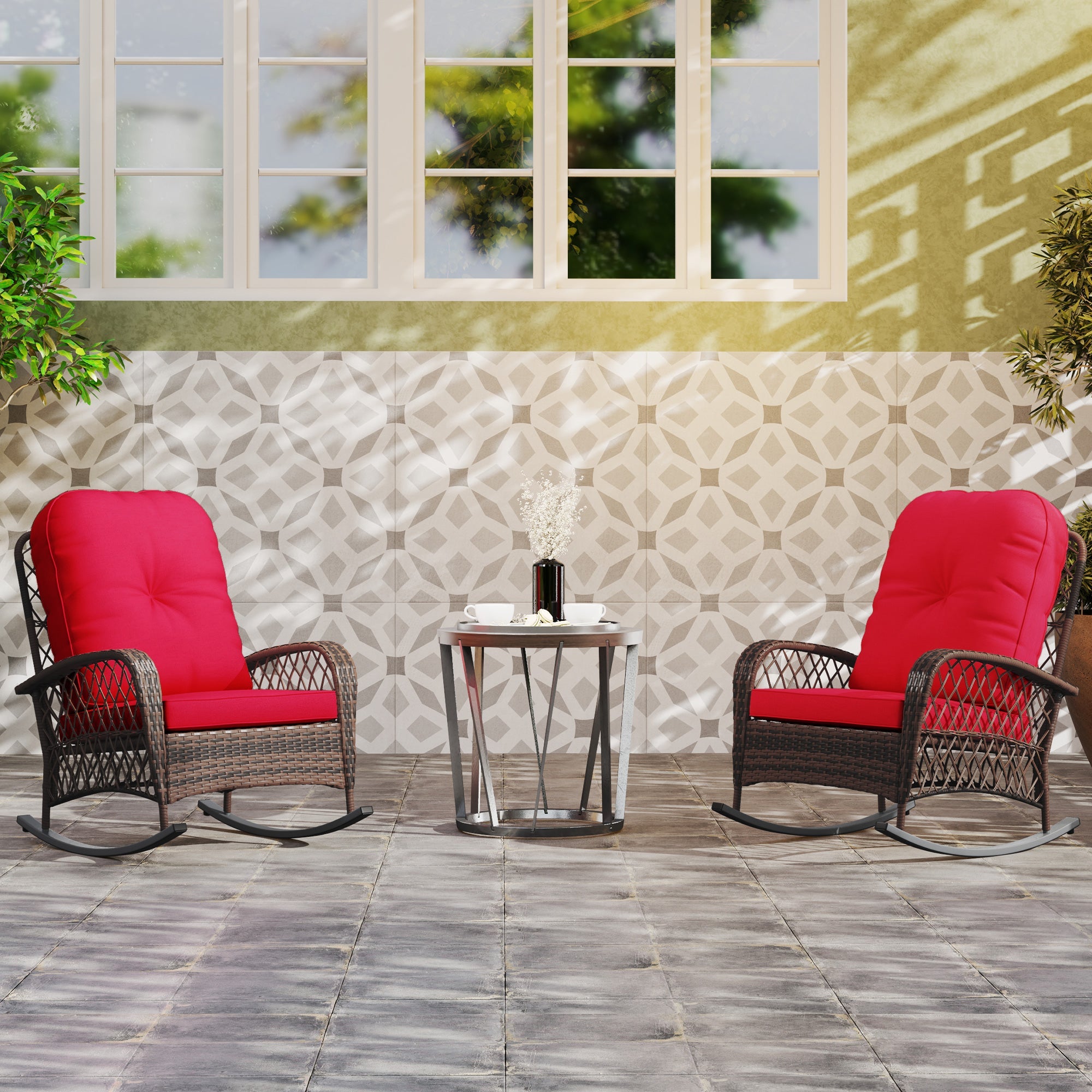 Outsunny Outdoor Wicker Rattan Rocking Chair Set of 2, Patio Rocker with Thick Cushions for Garden Backyard Porch, Red