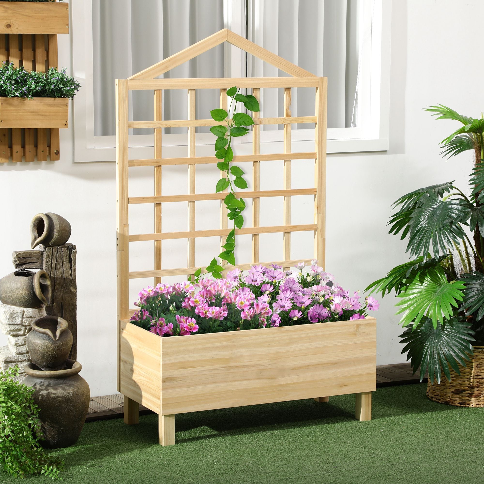 Outsunny Distressed Wood Planter with Trellis: Raised Garden Bed for Outdoor Plants/Flowers/Herbs, Natural