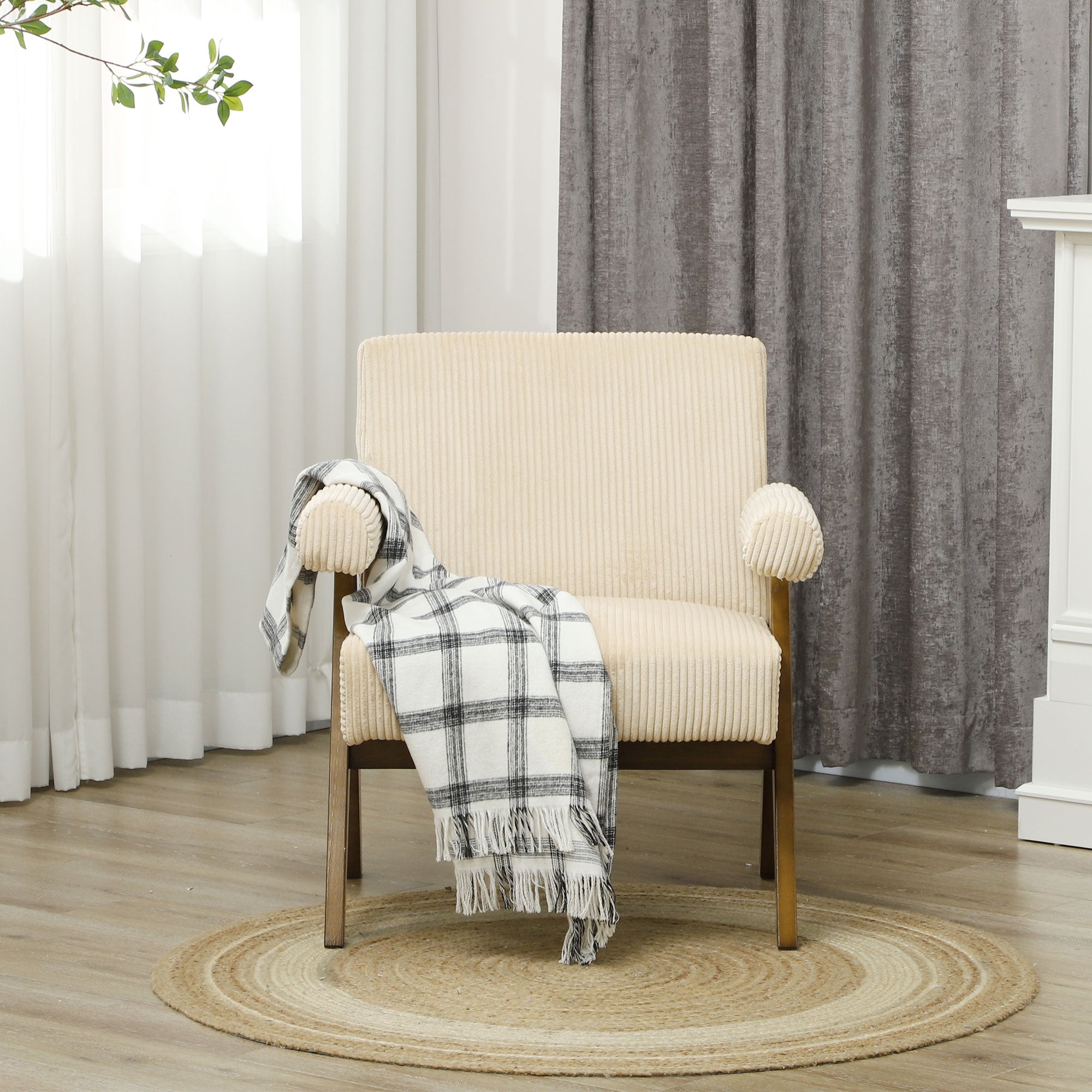 HOMCOM Corduroy Accent Chair Armchair with Wide Seat and Soft Padded Armrests for Reading, Bedroom, Beige