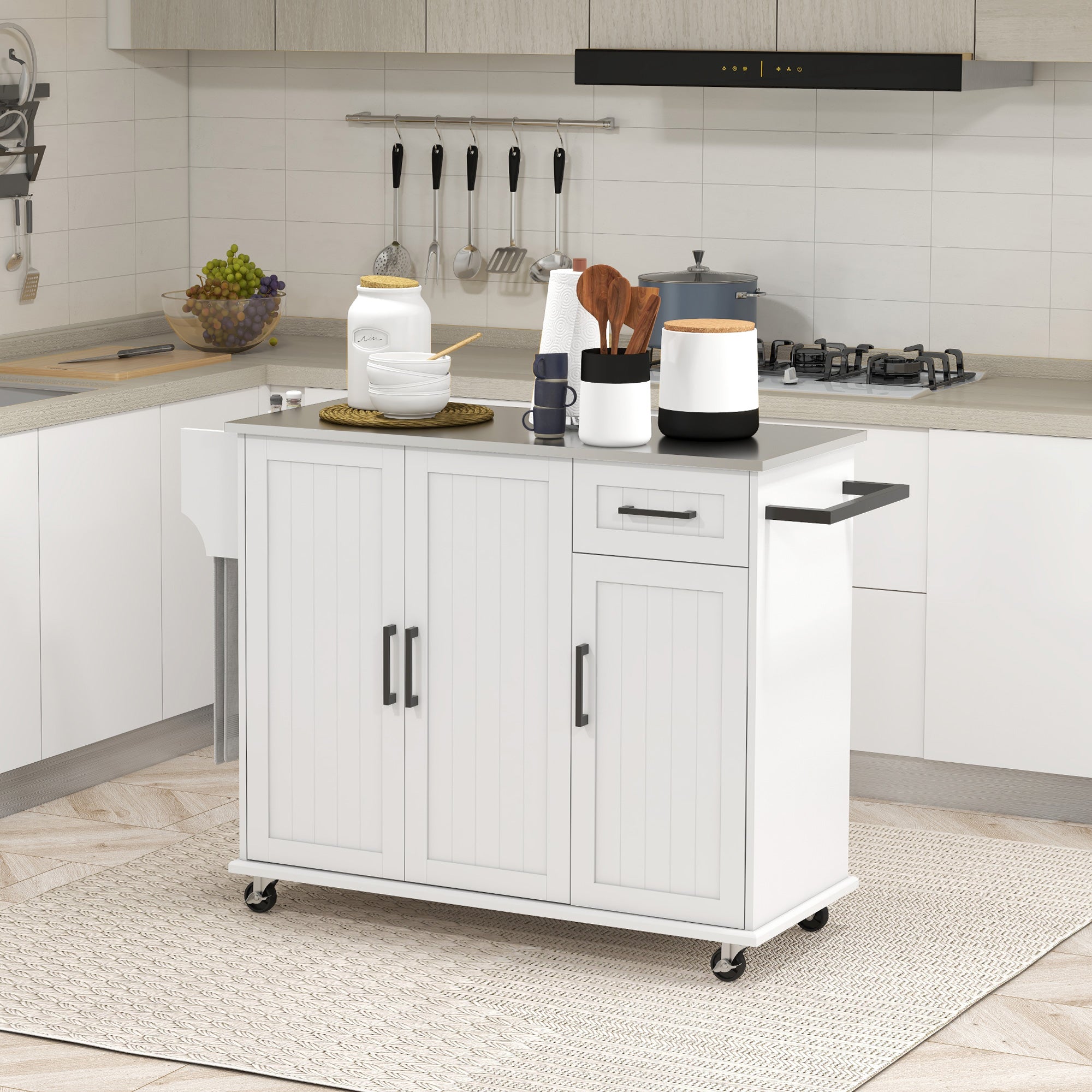 HOMCOM Movable Kitchen Workstation: White Rolling Island with Stainless Steel Top, 3 Cabinets, Spice/Towel Racks