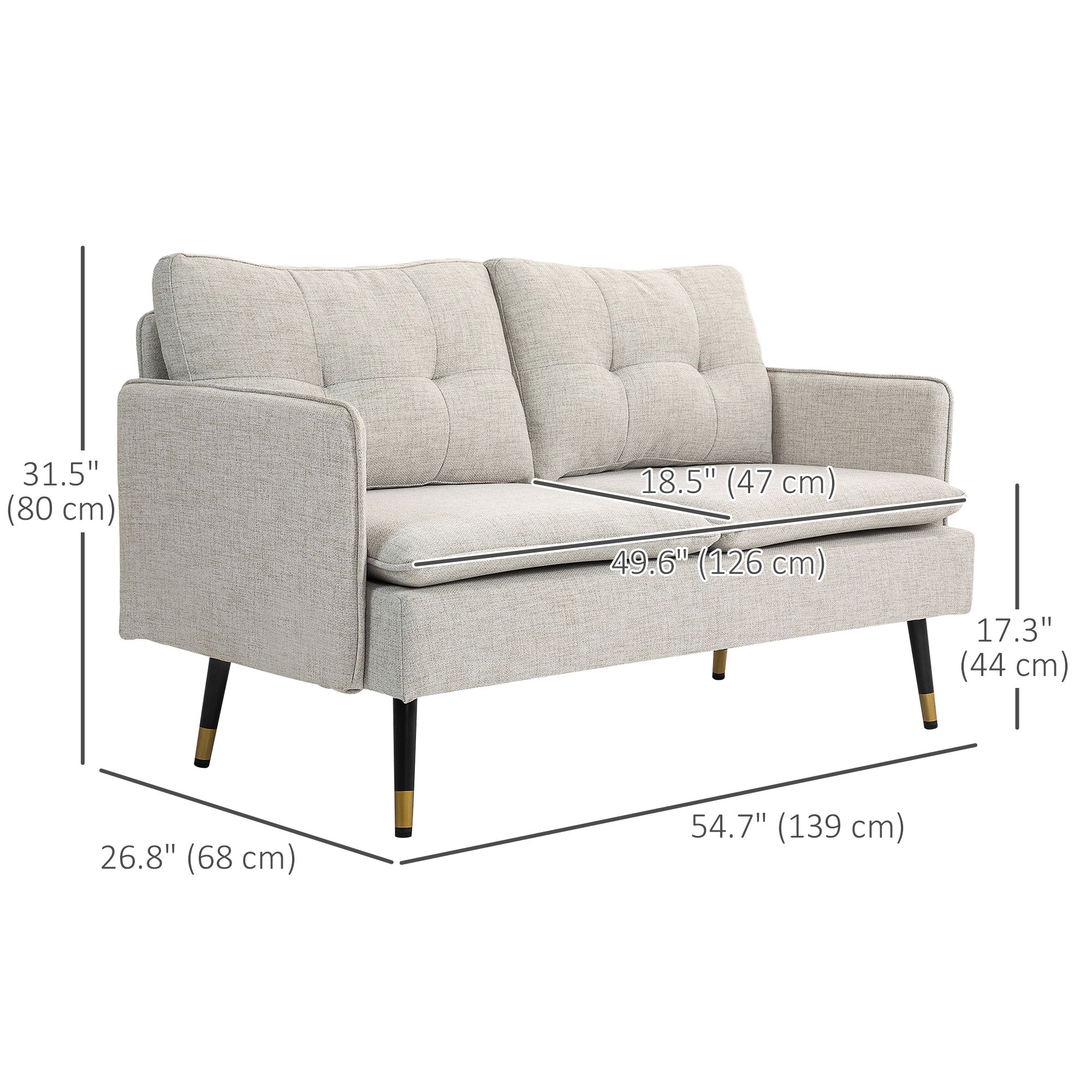 HOMCOM Loveseat Sofa 55" Cream White Button Tufted Fabric Steel Legs Bedroom Living Room