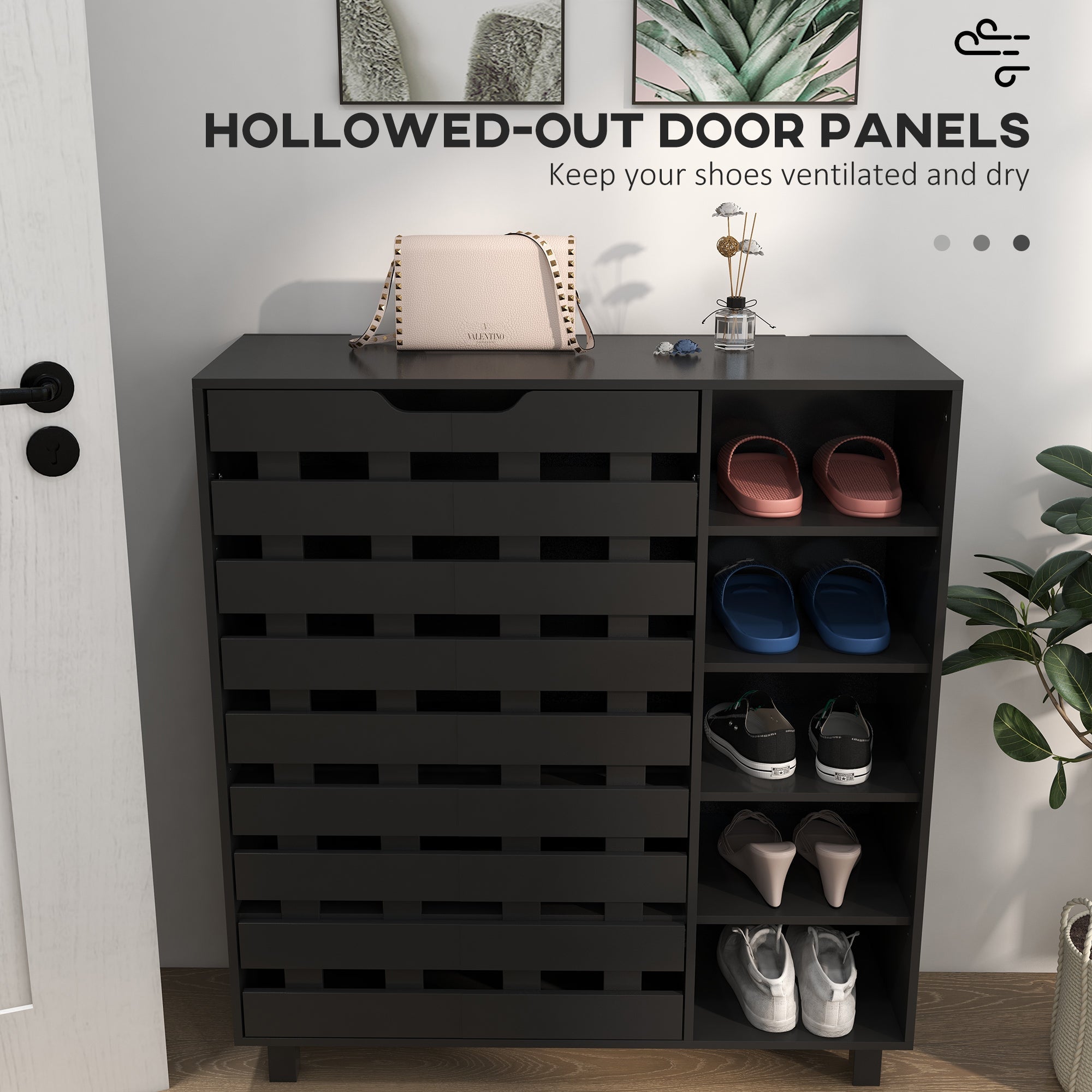 HOMCOM Shoe Storage Cabinet 21 Pair Organizer 5 Tier Double Door Cupboard 5 Tier Open Shelves