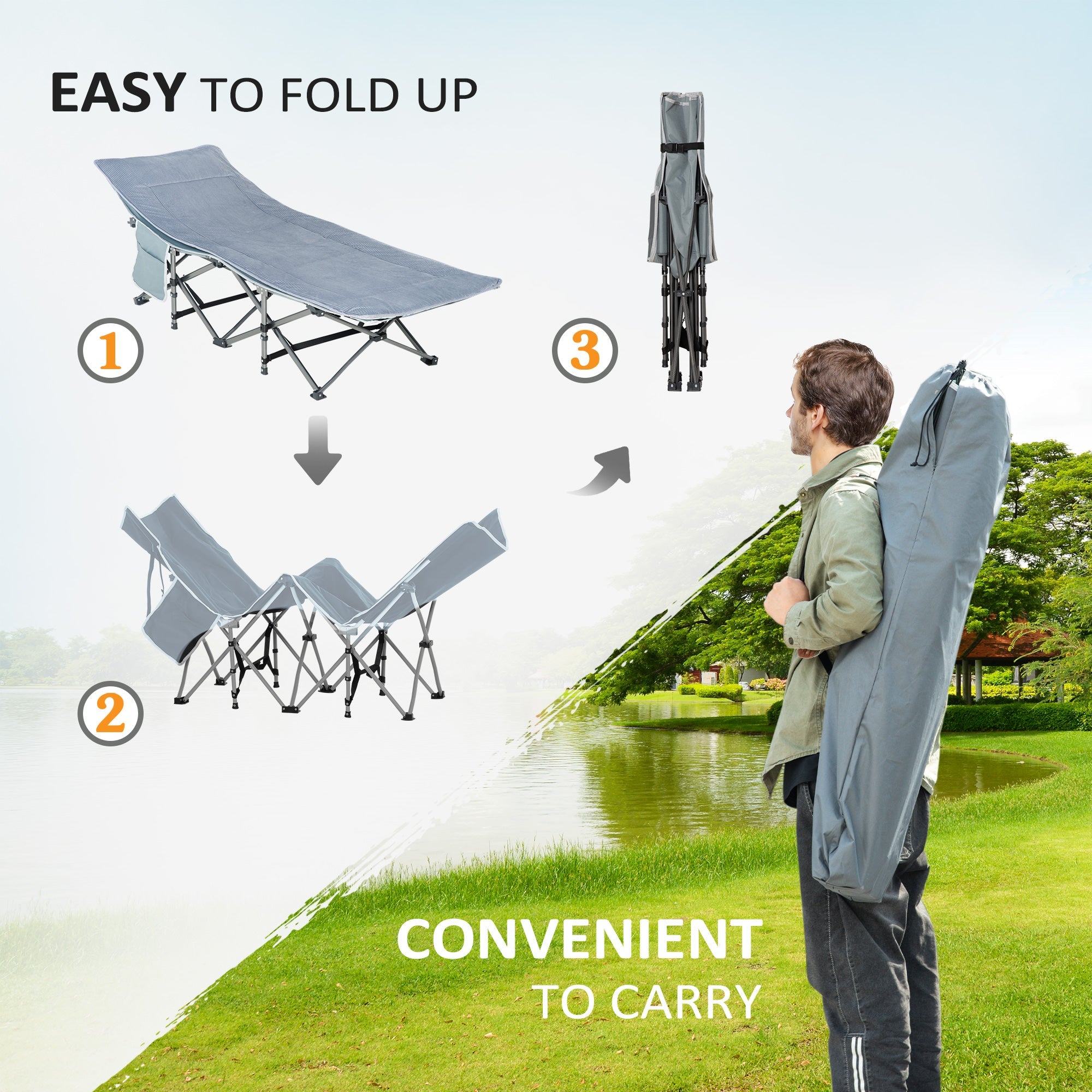 Outsunny Folding Camping Cot with Mattress Pillow Double Layer Oxford Heavy Duty Sleeping Cot Carry Bag Dark Grey