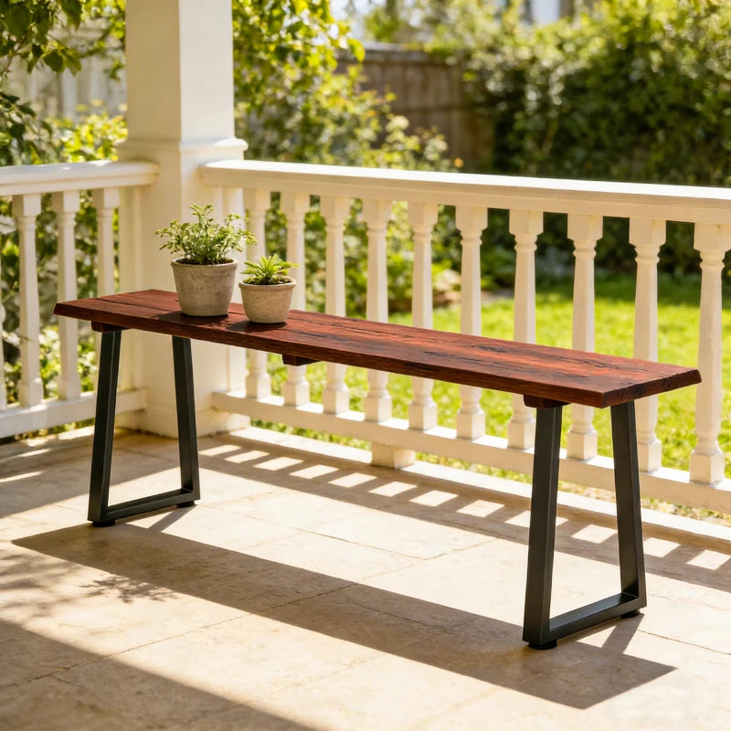 Wood Outdoor Bench for 2 People, 59" Backless Patio Garden Bench with Trapezoidal Steel Legs