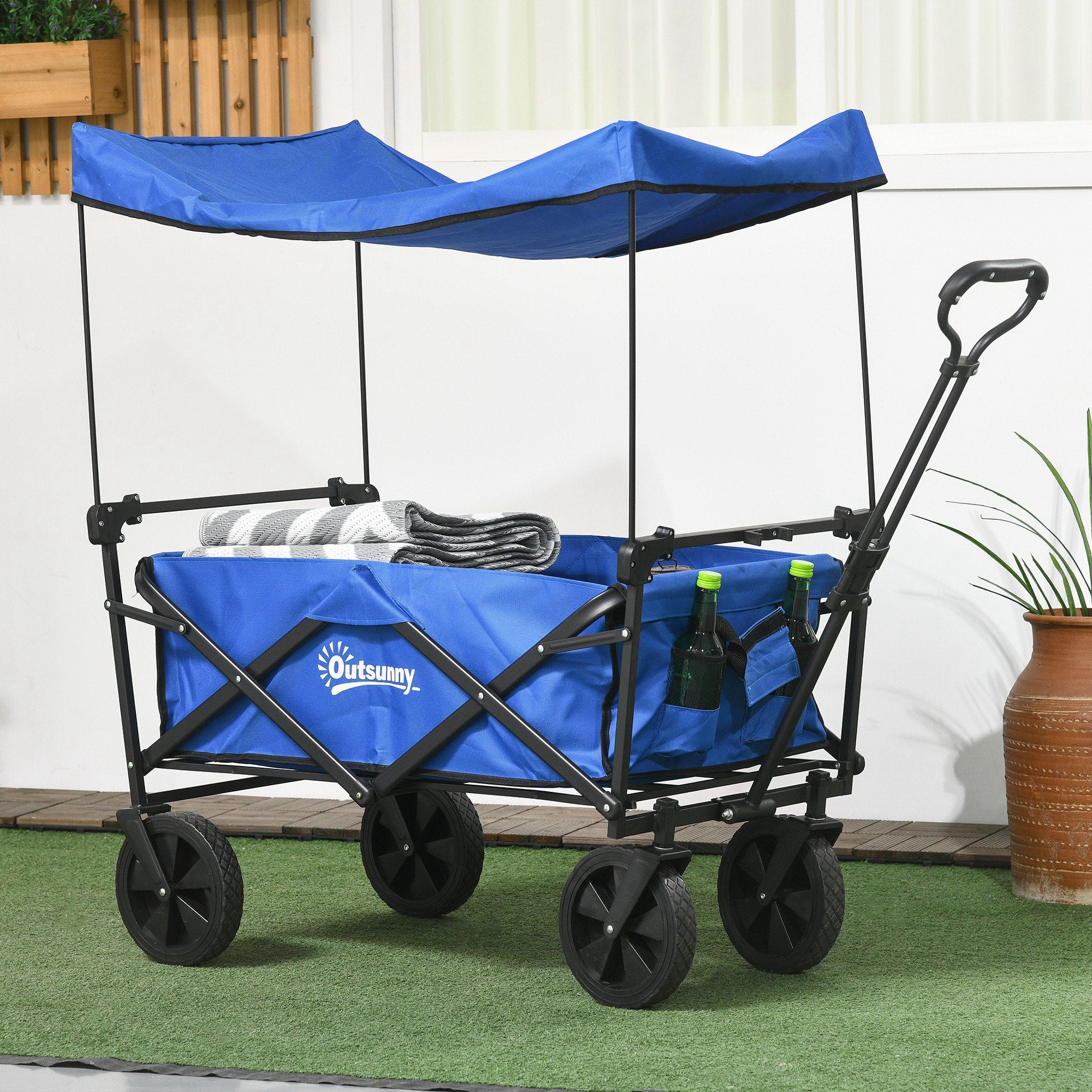 Outsunny Steel Frame Folding Garden Cart, Collapsible Wagon Cart with Removable Canopy, Telescopic Handle and Carrying Bag, Dark Blue