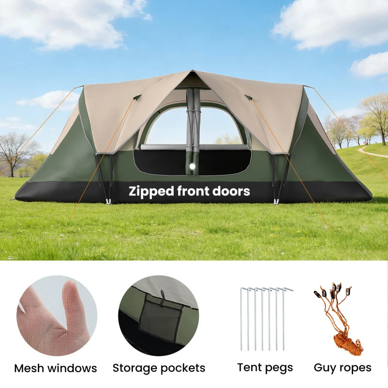 Camping Tent for 6-8 Man with 2000mm Waterproof Rainfly and Carry Bag for Fishing Hiking Festival, Dark Green