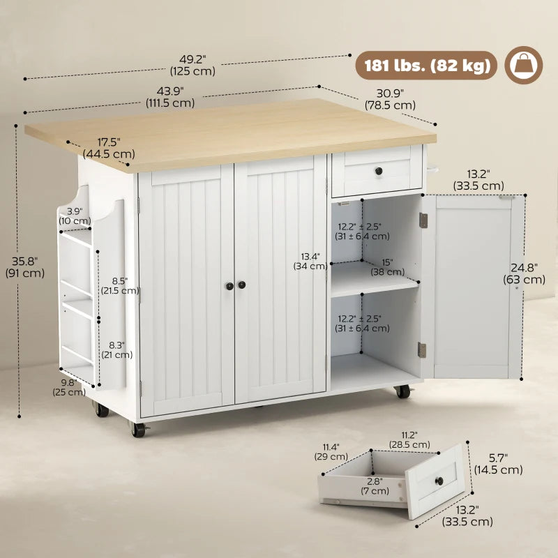 Kitchen Island Cart, Rolling Kitchen Island Table with Drop Leaf, Drawer, Spice and Towel Rack, White
