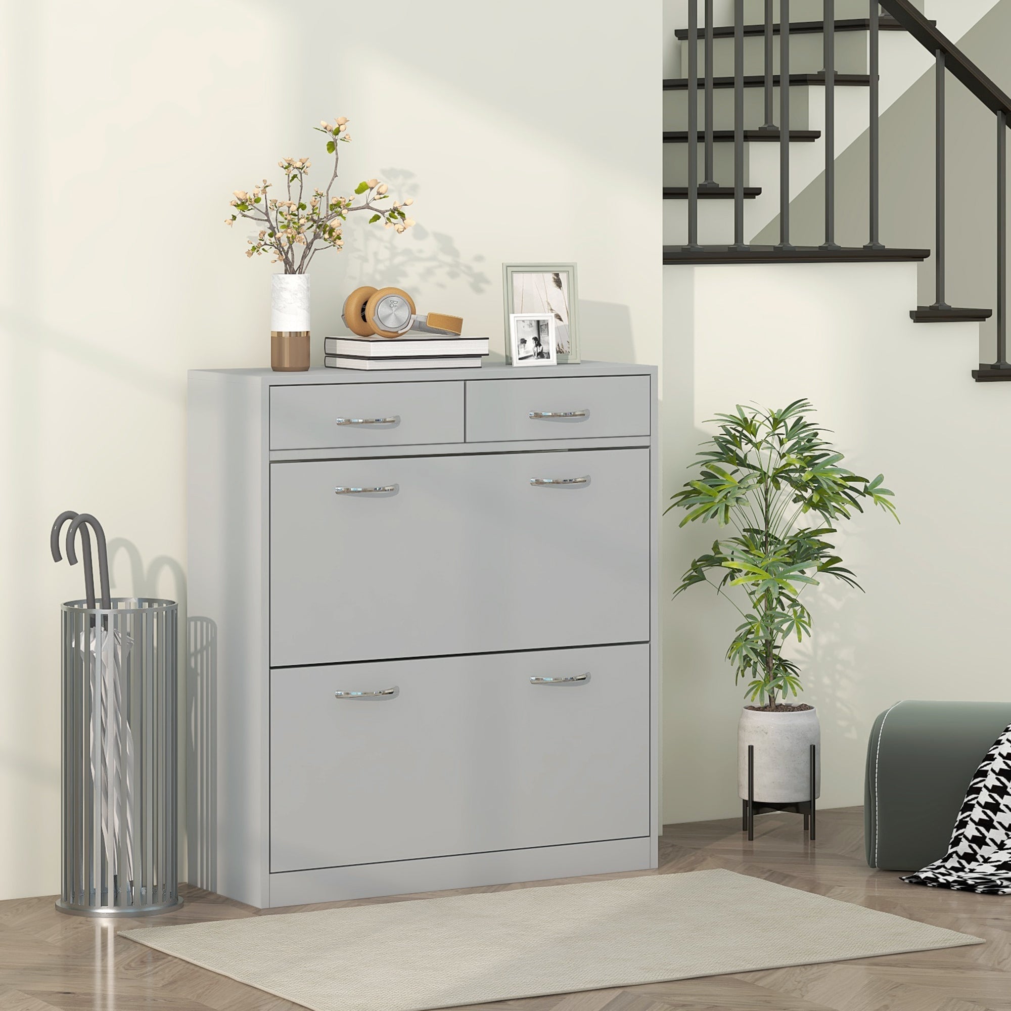 HOMCOM Narrow Shoe Storage with 2 Flip Drawers and Adjustable Shelves Shoe Organizer Cabinet for 12 Pairs of Shoes, Grey