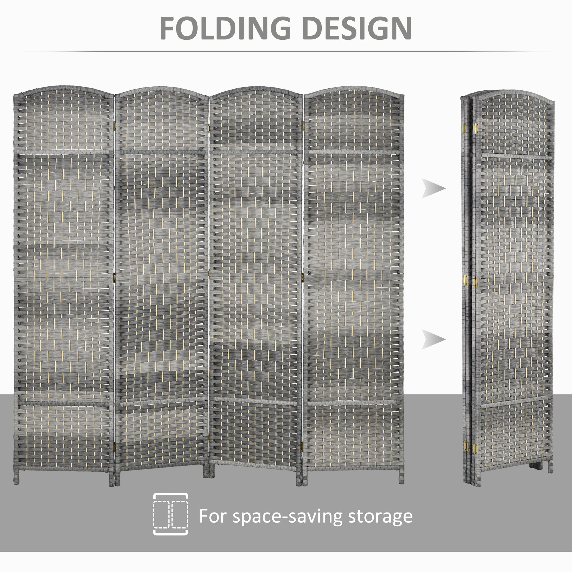 HOMCOM 6 Ft Tall Folding Room Separator: 4-Panel Portable Privacy Screen, Hand-Woven Partition Wall Divider, Mixed Grey