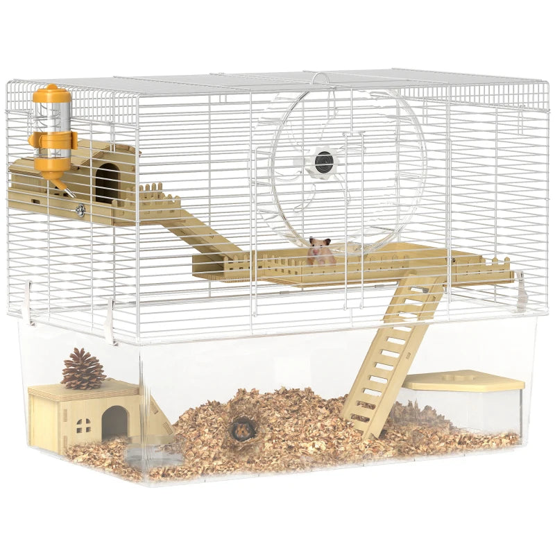 Hamster Cage with Deep Bottom, Wooden Ramp, Hut, Bathroom and Exercise Wheel for Hamster and Gerbil, White