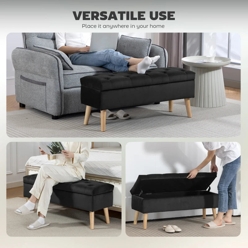 Storage Ottoman with Lid, Velvet Upholstered Storage Bench with Wood Legs for Living Room, Black