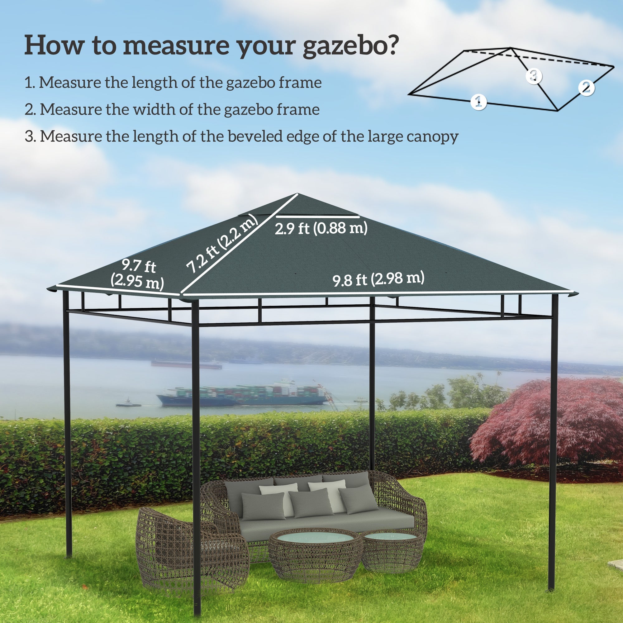 Outsunny 9.84x9.84' Square Gazebo Canopy Replacement, UV Protection Sun Shade Cover, Grey