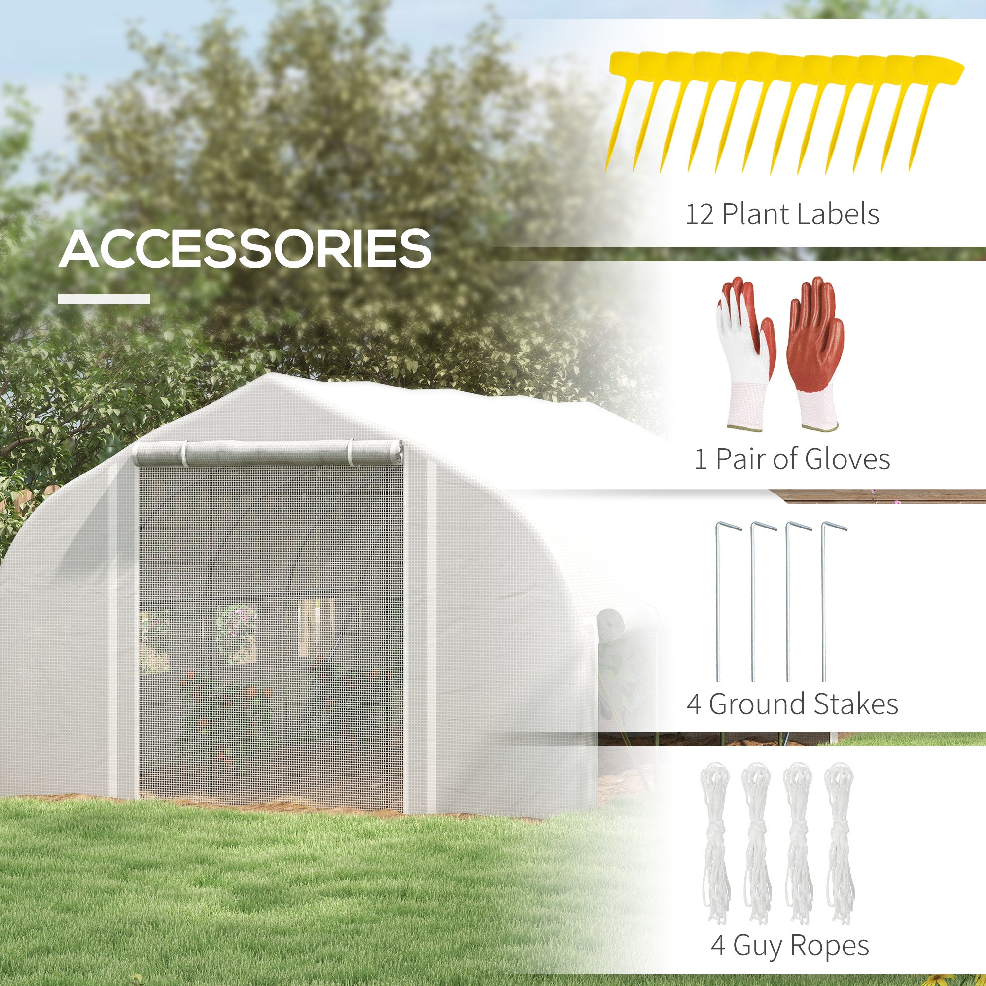 Outsunny 13 x 9.8ft Walk-in Polytunnel Greenhouse, Zipped Roll Up Sidewalls, Mesh Door, 8 Mesh Windows, Tunnel Warm House Tent with PE Cover, Plant Labels and Gloves, White
