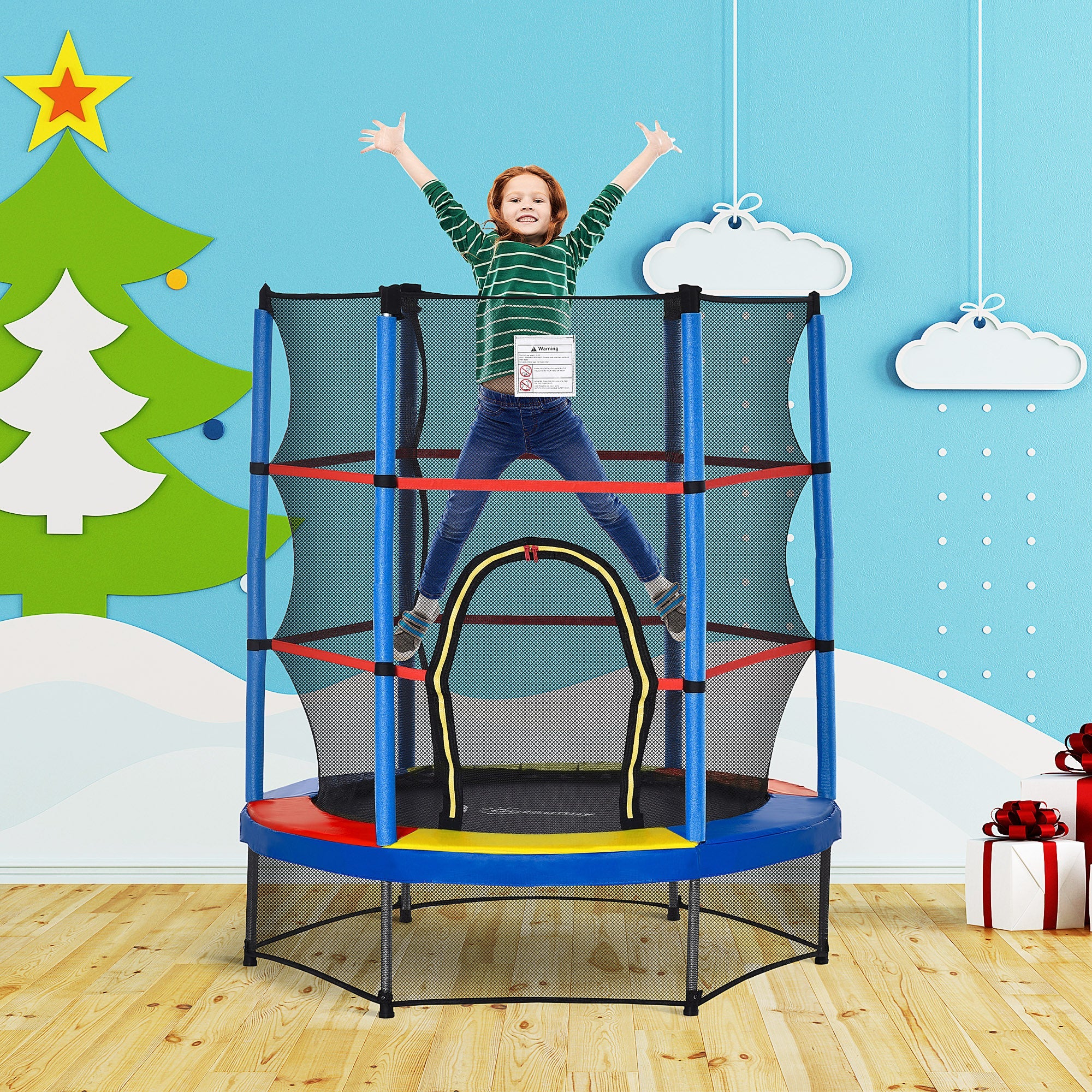 Outsunny Kids Trampoline: Φ55" Round, Safety Net, Indoor Bouncer, 3-6 Years, Steel Frame, Multi-Coloured