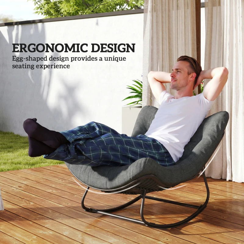 Outdoor Rocking Chair, Oversized Patio Egg Chair with Padded Cushion, Rattan Wicker for Indoor, Backyard, Dark Grey