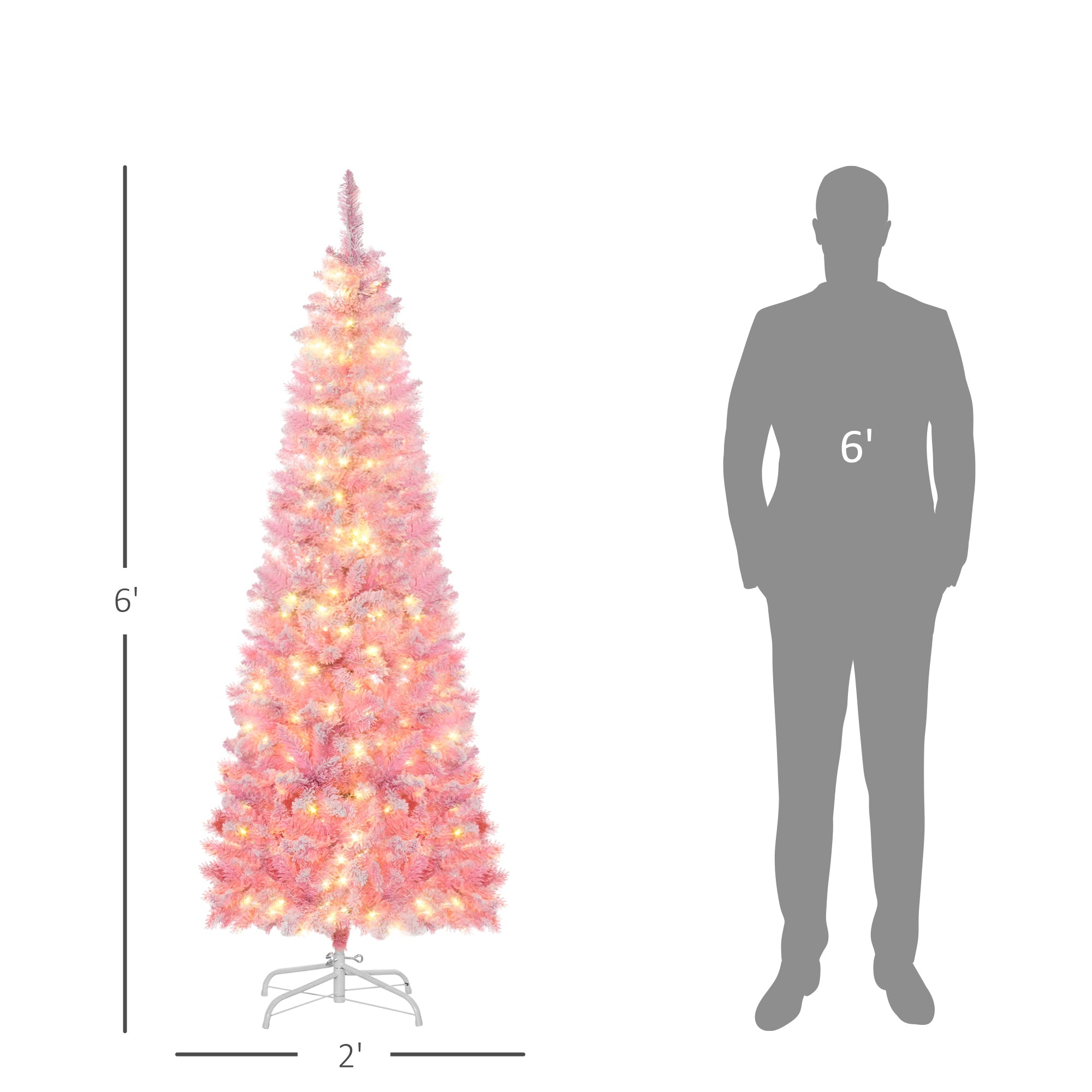 HOMCOM 6 Foot Prelit Snow Flocked Artificial Christmas Tree with Pencil Shape, 500 Pine Realistic Branches, Warm White LED lights
