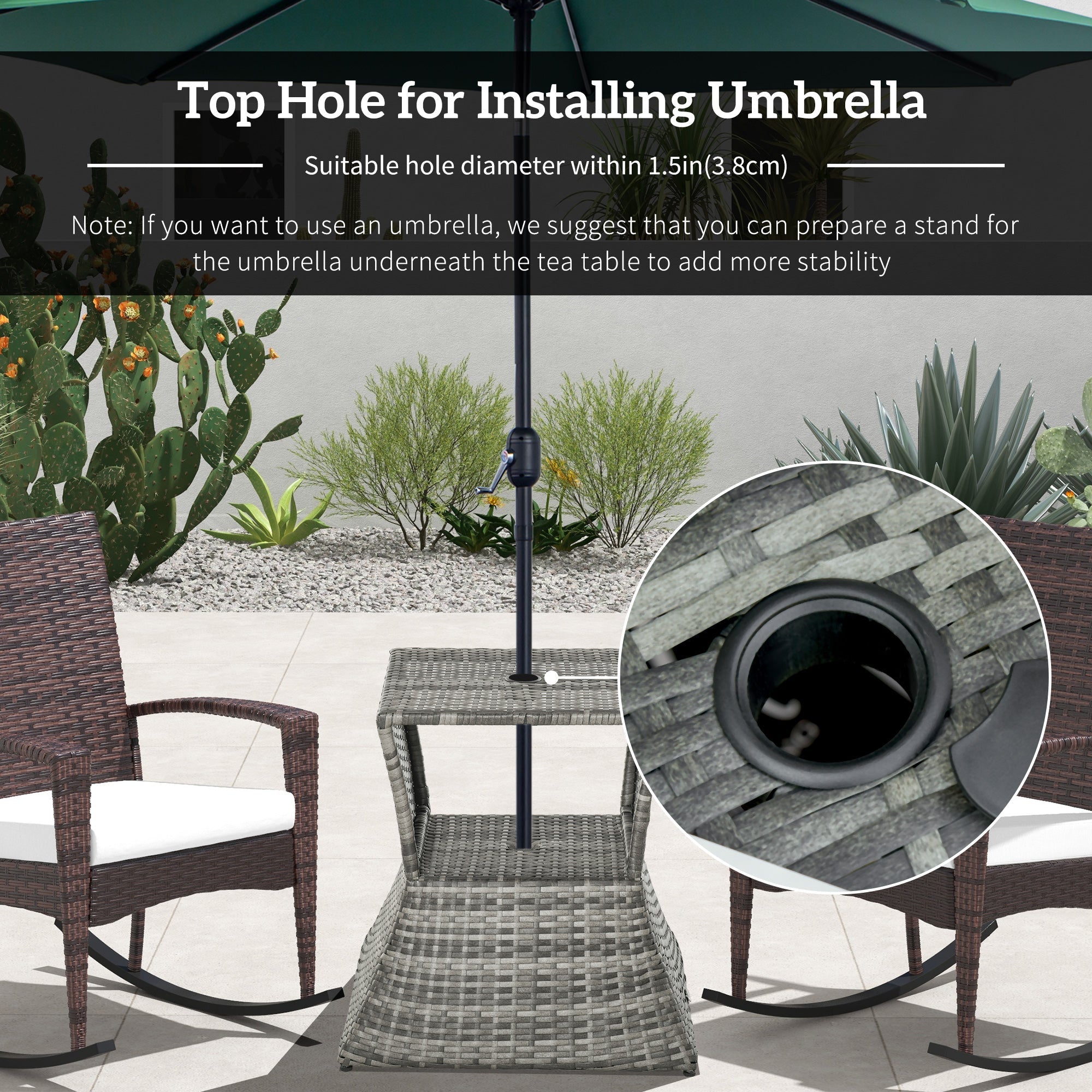 Outsunny Rattan Wicker Side Table Square Outdoor End Table with Umbrella Hole 2-Tier Storage Patio Garden Mixed Grey