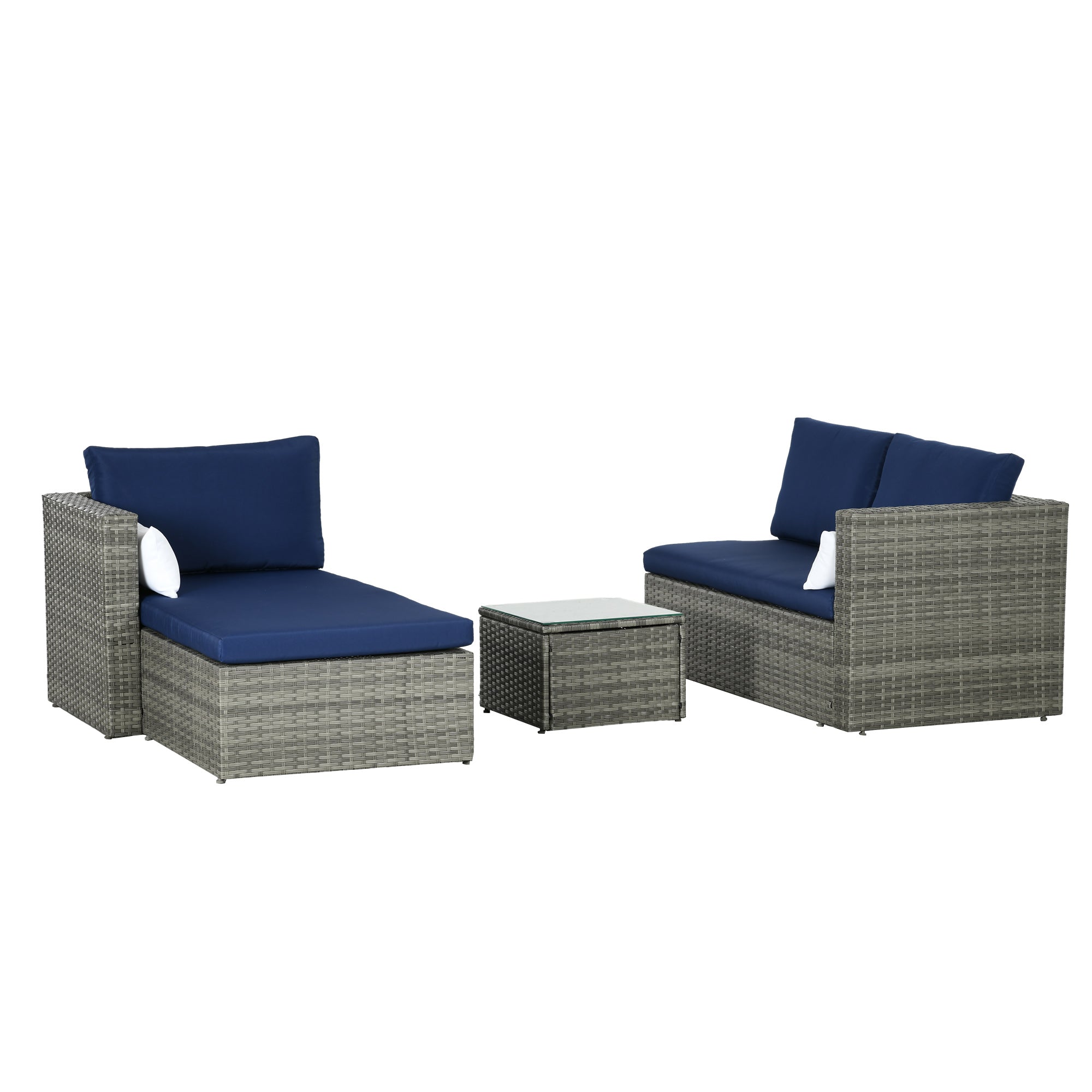 Outsunny Modern 3-Piece Rattan Sofa Set, Wicker Patio Furniture with Coffee Table, Cushions, Pillows for Outdoor