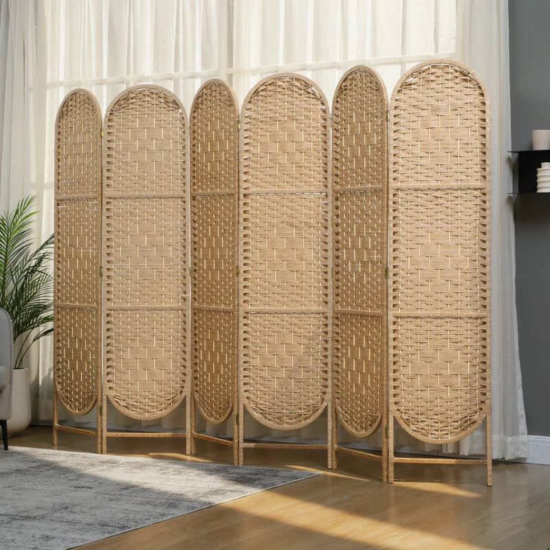 Bohemian Privacy Screen, Folding Room Divider with 6 Panels and Arched Top for Bedroom Living Room Office, Natural Wood