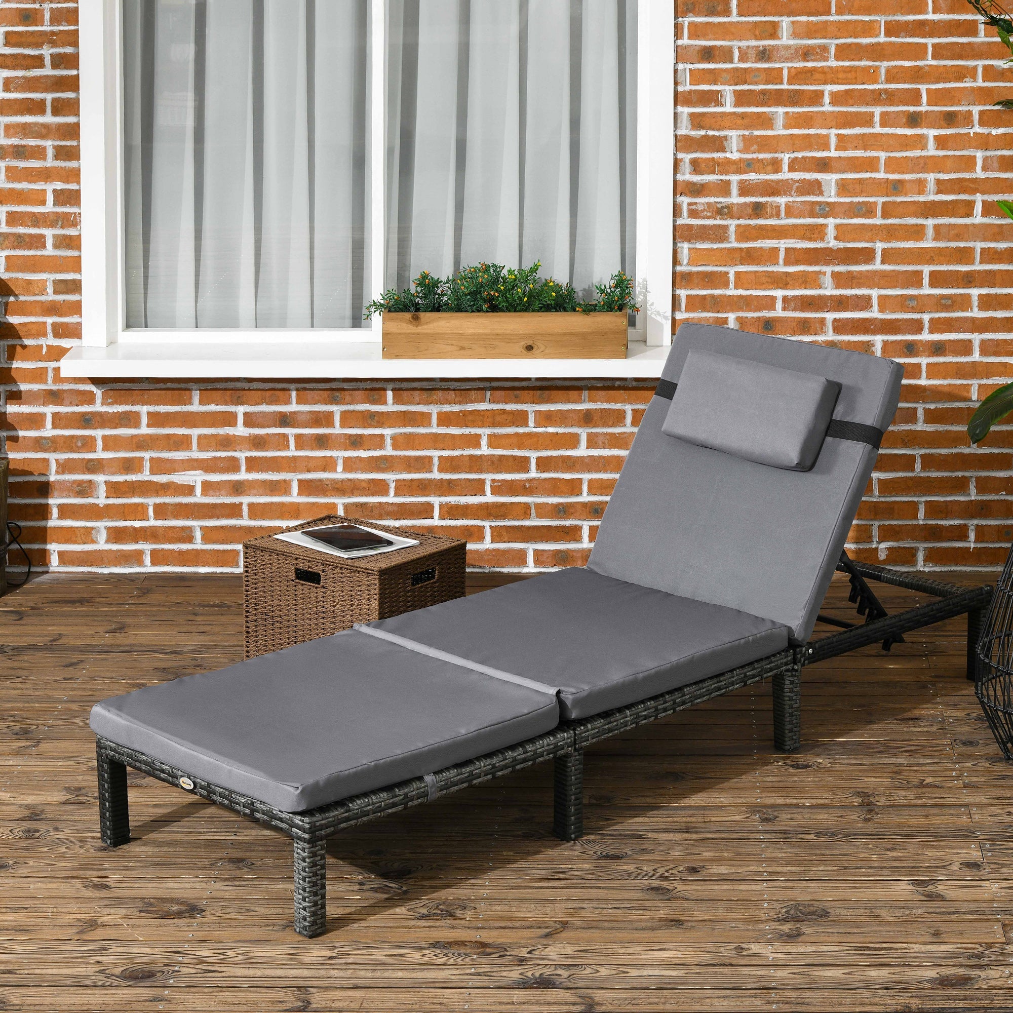 Outsunny Outdoor Lounger, Patio Lounger with 5-Level Adjustable Back, Headrest for Poolside, Garden, Backyard, Dark Grey
