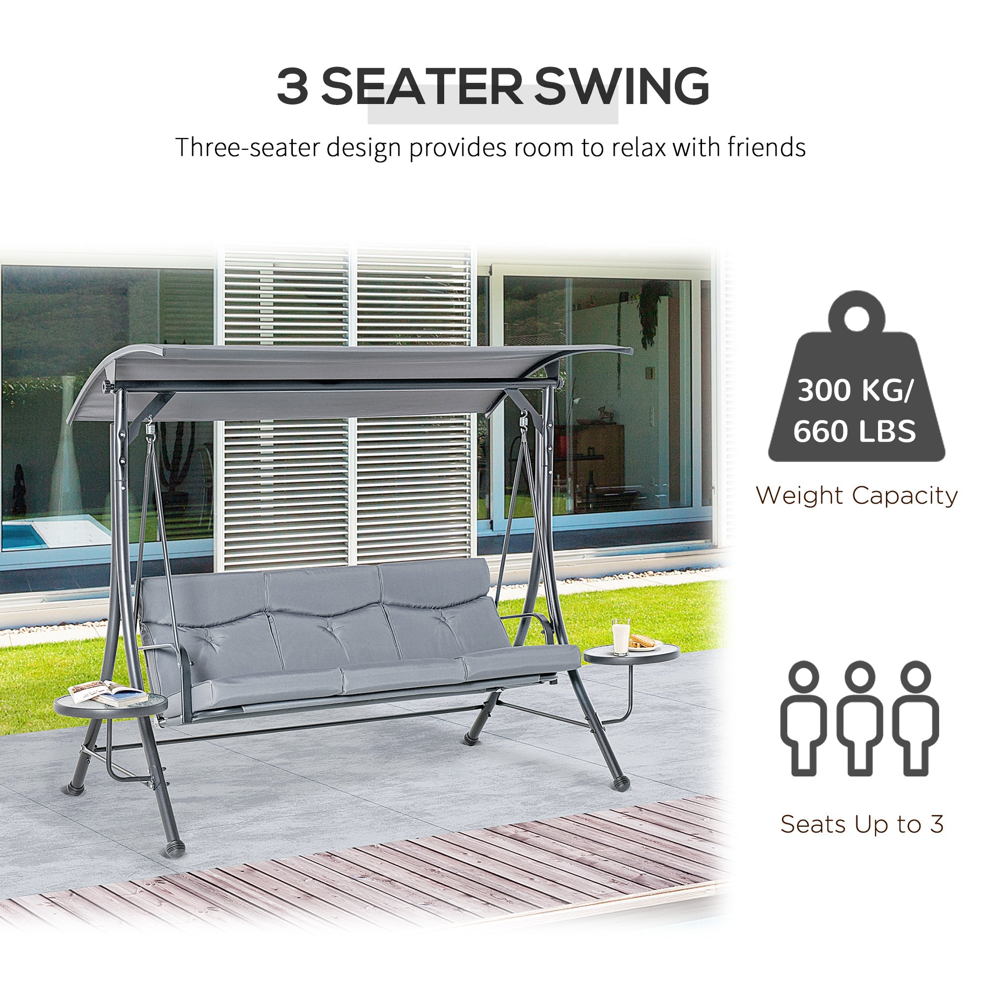 Outsunny 3 Seat Outdoor Swing Chair Steel Swing Bench Porch Swing With Adjustable Canopy & Coffee Tables & Cushion for Patio Garden